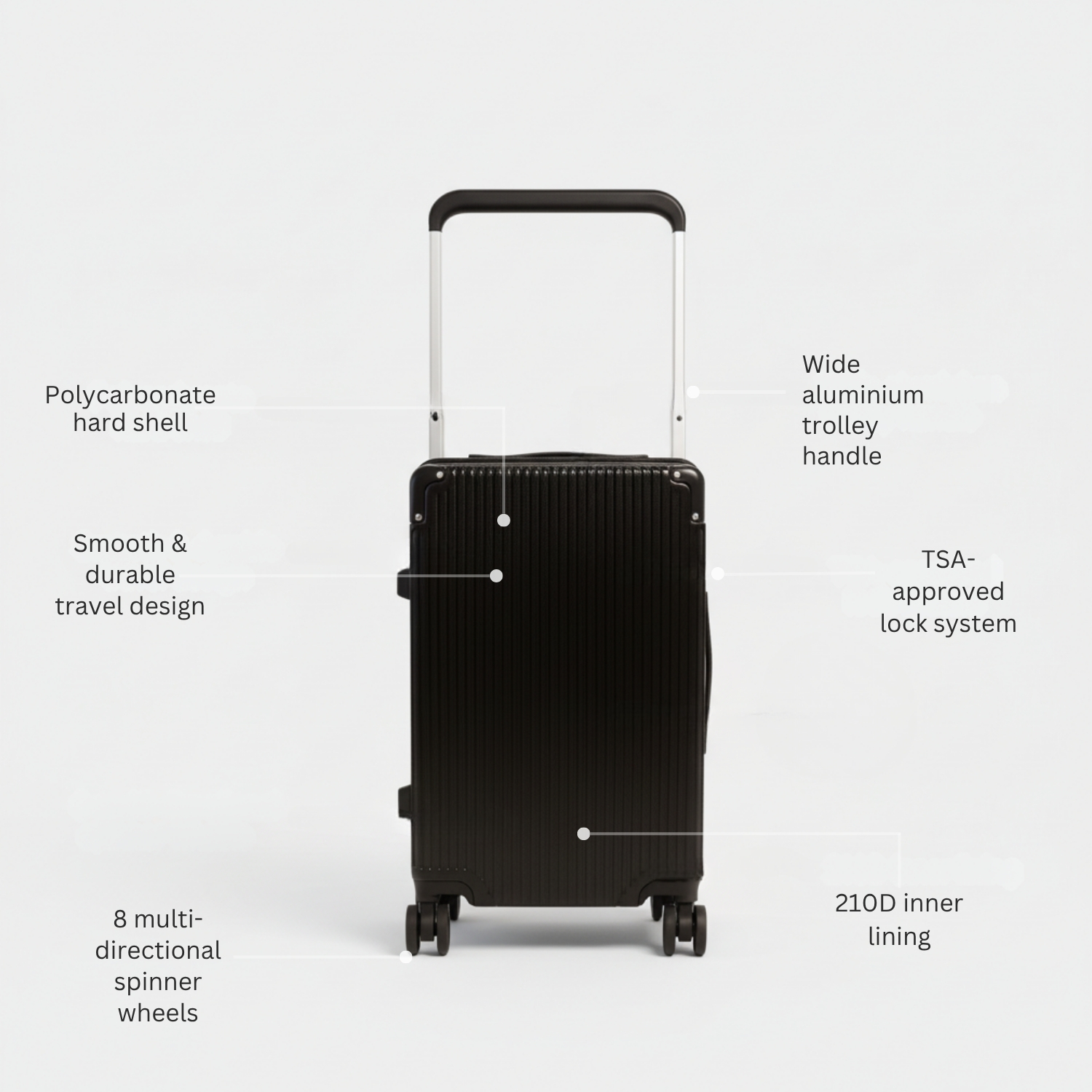 Polycarbonate Travel Suitcase | Hard Shell Luggage with Wide Aluminum Trolley Handle, 8 Spinner Wheels & TSA Lock | Durable & Secure Travel Bag view 4