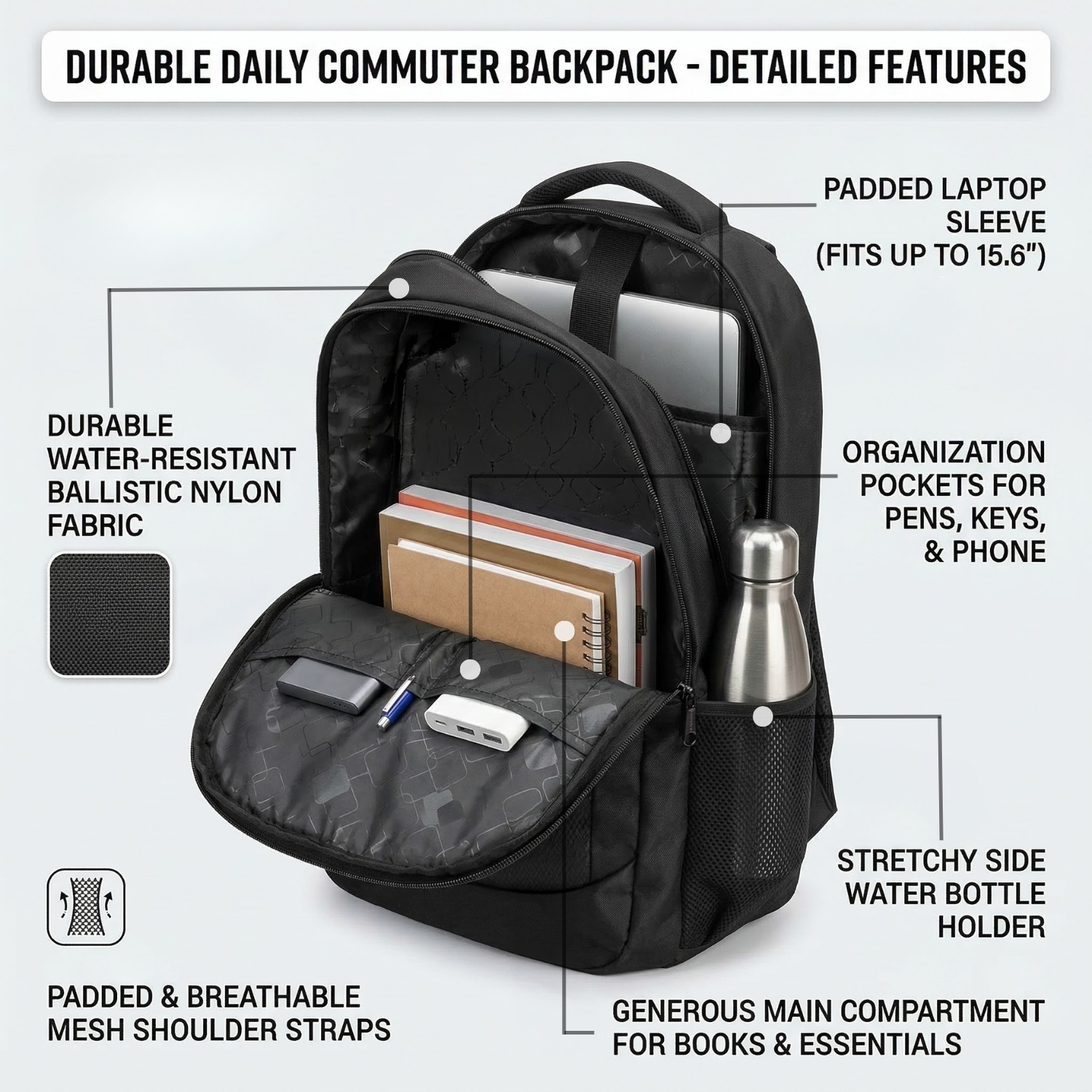 Black Polyester Backpack | Durable Textured Backpack with Spacious Compartment, Front Zipper Pocket & Side Mesh Pockets | Everyday, School & Travel Bag view 4