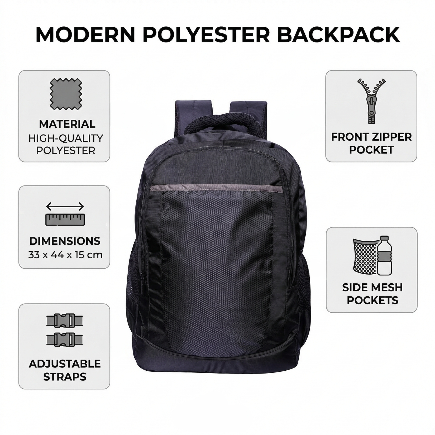 Black Polyester Backpack | Durable Textured Backpack with Spacious Compartment, Front Zipper Pocket & Side Mesh Pockets | Everyday, School & Travel Bag view 3