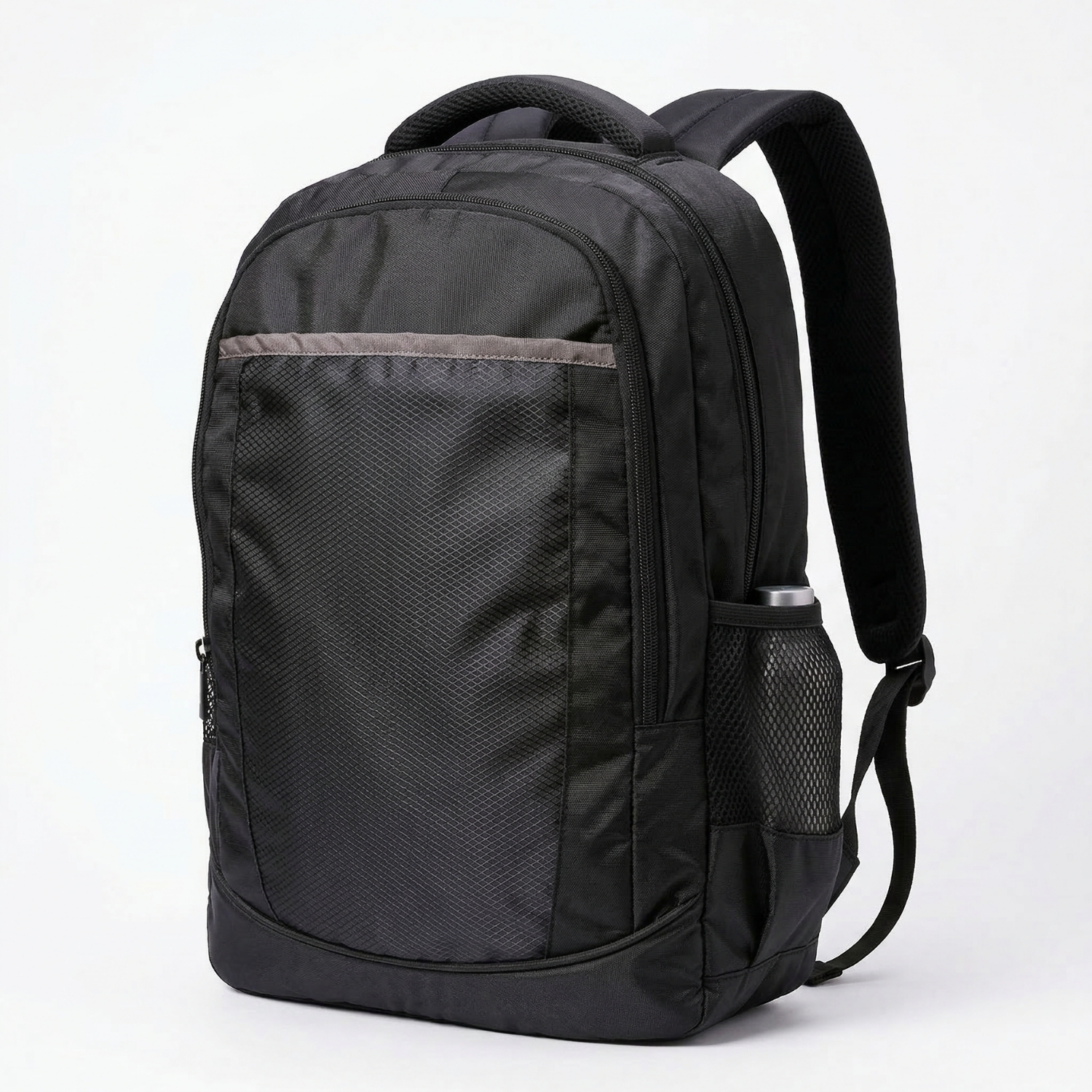 Black Polyester Backpack | Durable Textured Backpack with Spacious Compartment, Front Zipper Pocket & Side Mesh Pockets | Everyday, School & Travel Bag view 2