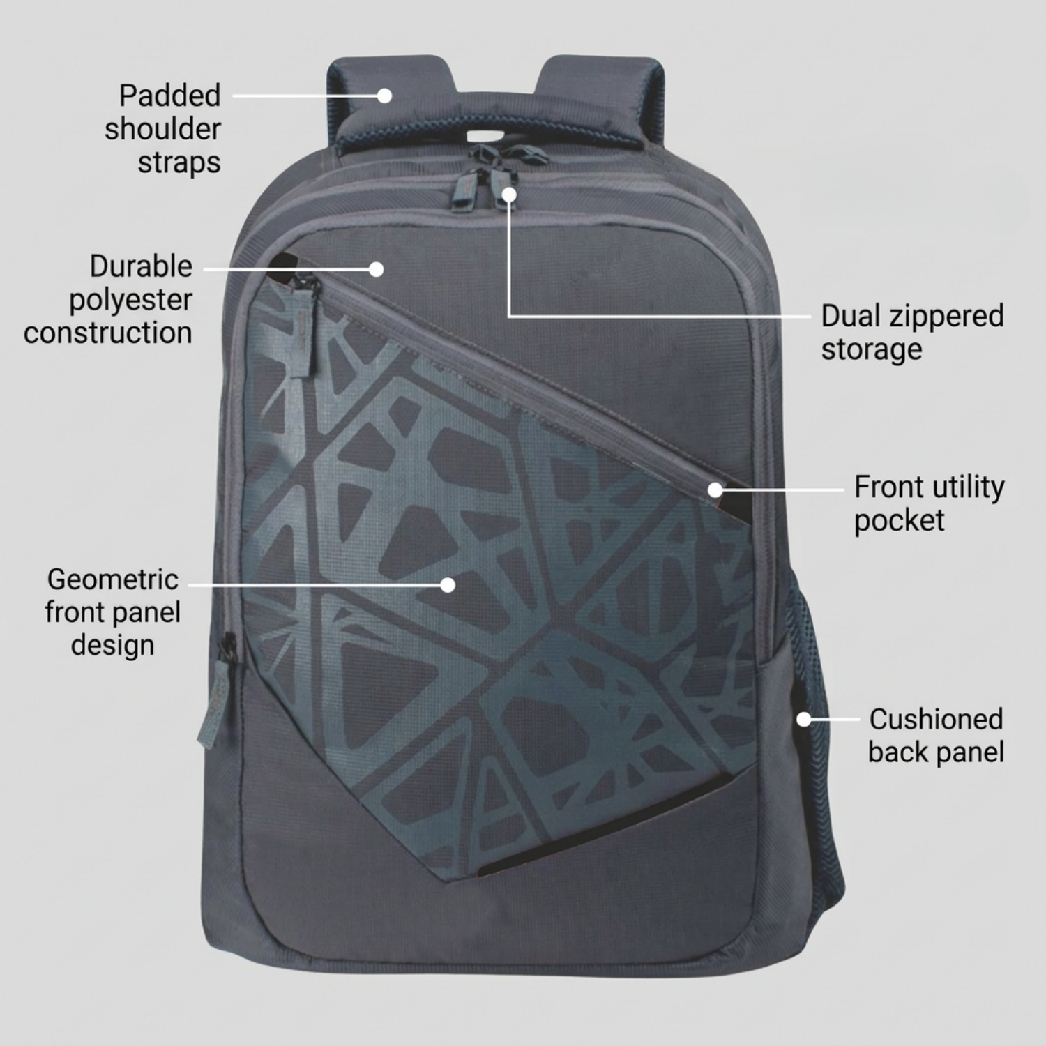 Luno Backpack | Durable Polyester Backpack with Dual Compartments, Geometric Design, Padded Straps & Utility Pocket | Tech-Savvy Everyday Carry Bag view 3