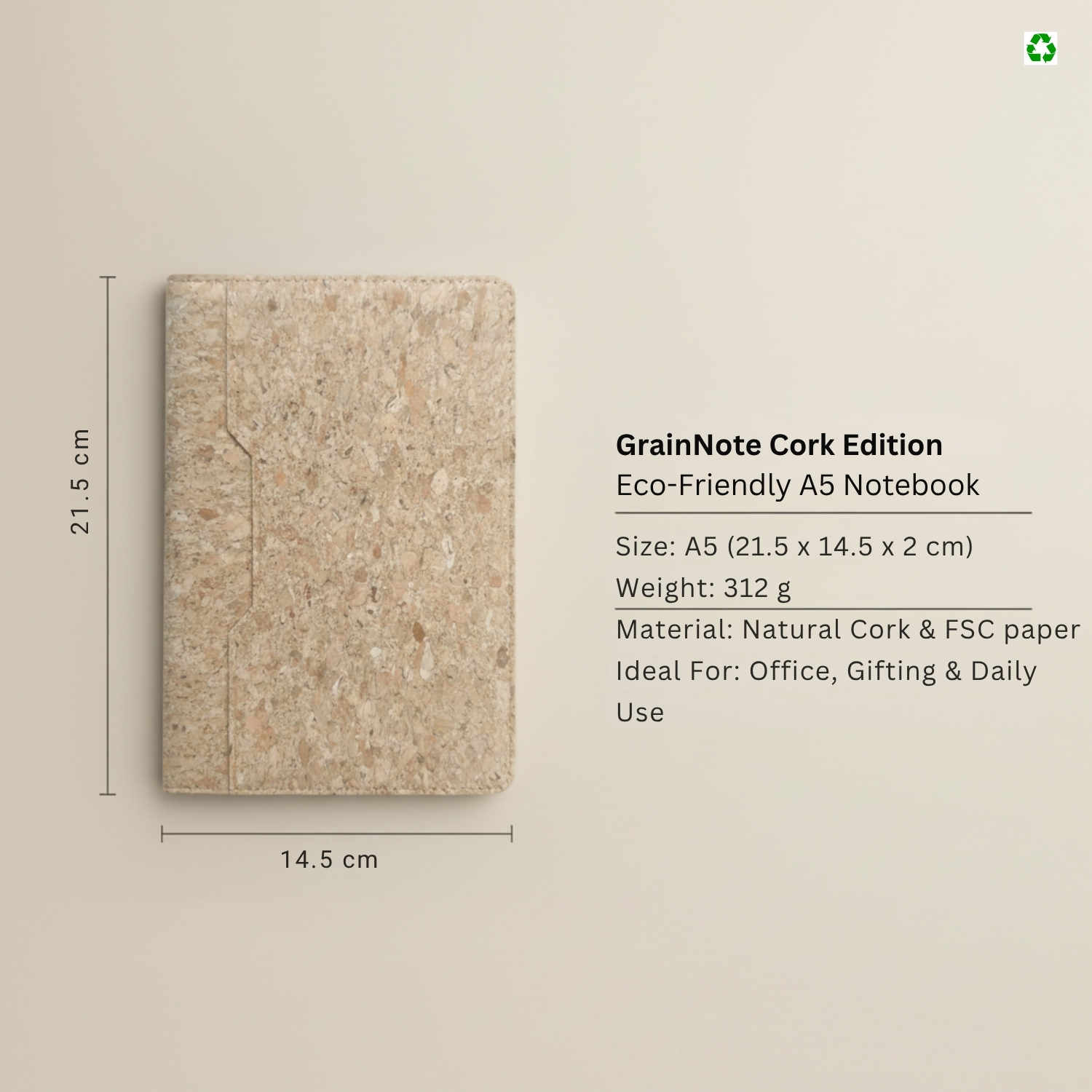 Grain Note Cork Edition | Premium Eco-Friendly A5 Notebook, Recycled Leather Cover, Two-Tone PU Design, Hardbound Journal | Stylish Notebook for Office, Gifting & Daily Use view 4