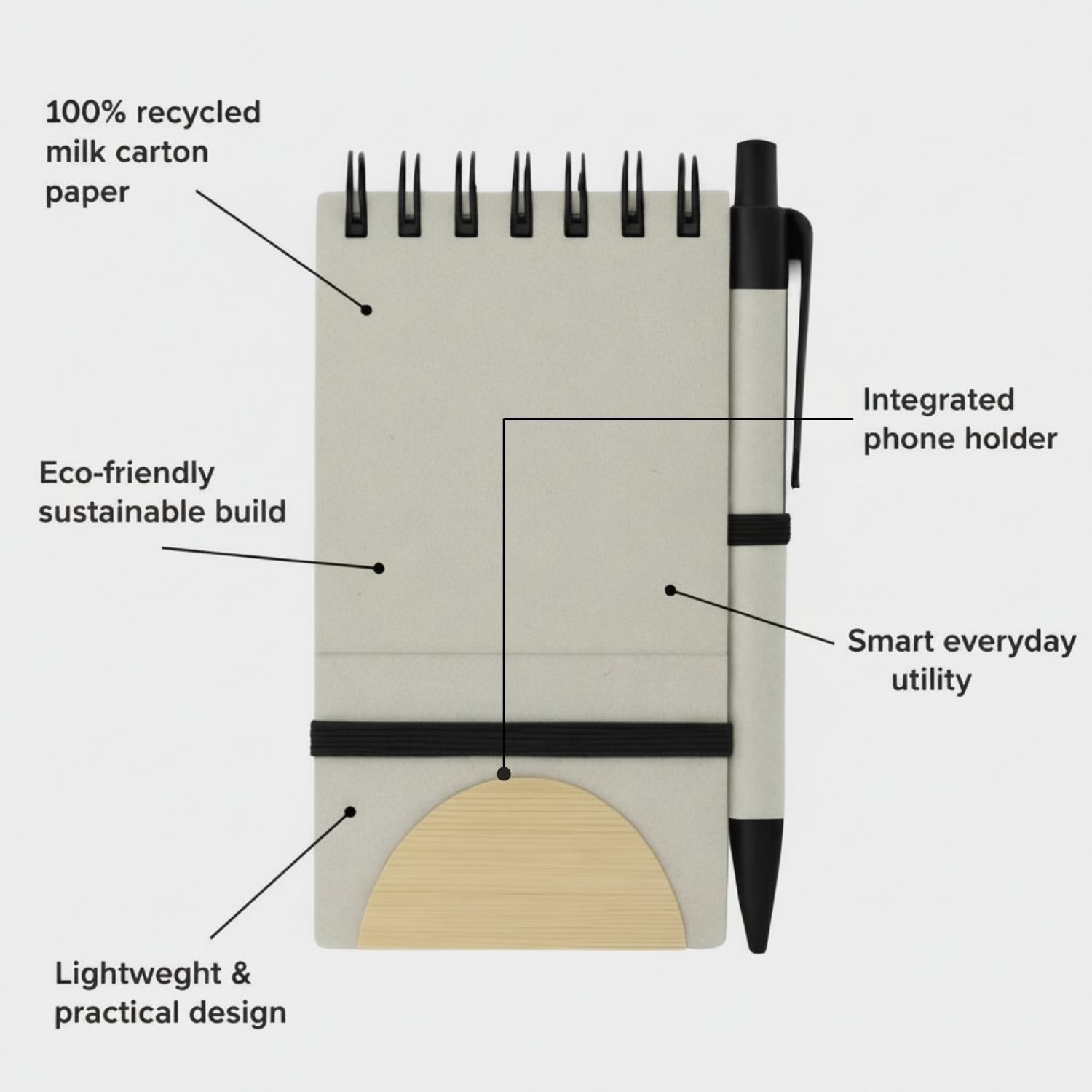 Spiral Leaf notebook | Eco-Friendly Notebook with Integrated Phone Holder, 100% Recycled Paper & Cardboard, Smart Functional Design | Corporate Gifting Notebook view 3
