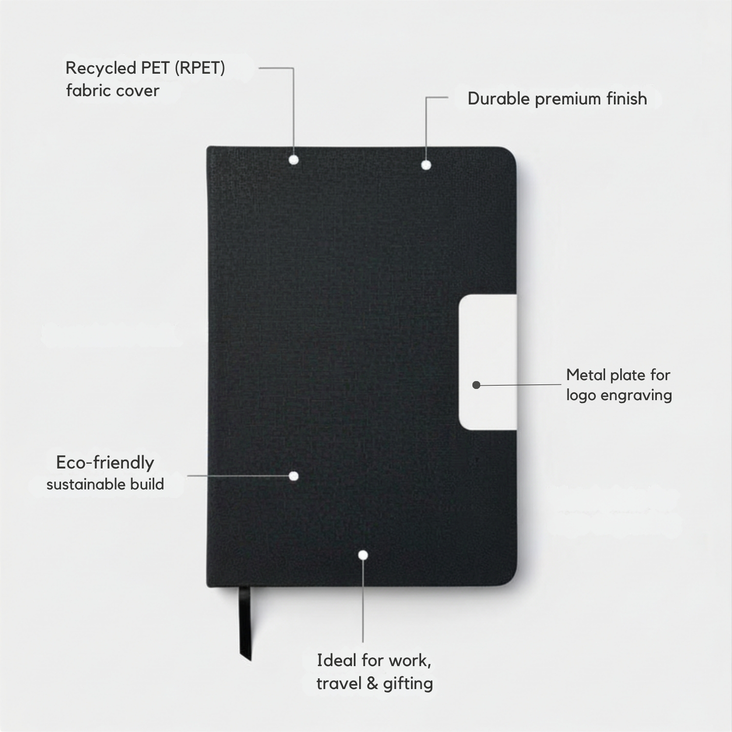 The PlanetPages Notebook | Premium Eco-Friendly A5 Notebook, RPET Fabric Cover, Metal Logo Plate, Durable Hardbound Design | Sustainable Journal for Office, Travel & Gifting, Grey view 3