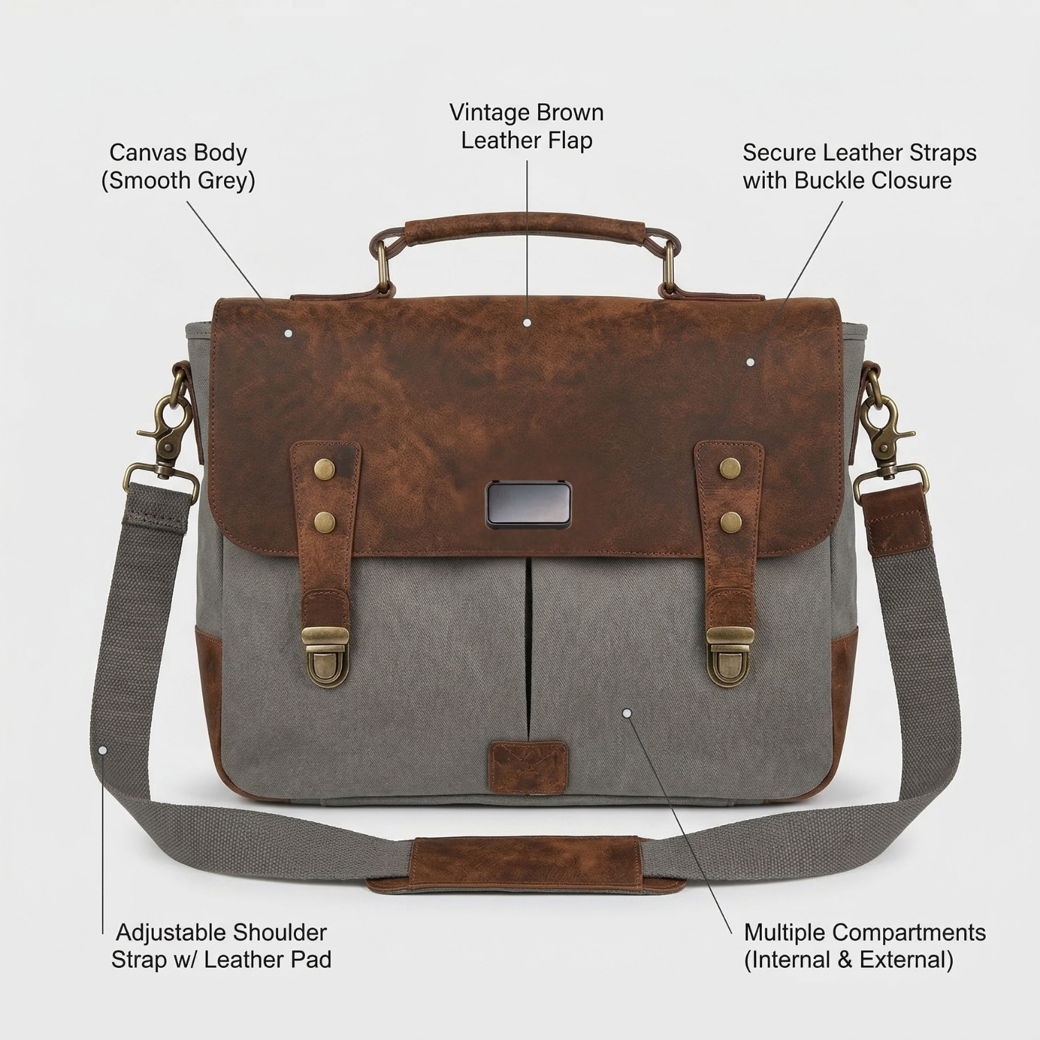 Canvas Leather Satchel Bag | Vintage Messenger Bag with Laptop Sleeve, Organizer Pockets, Dual Buckle Flap & Adjustable Strap | Office, College & Travel Carry Bag view 3
