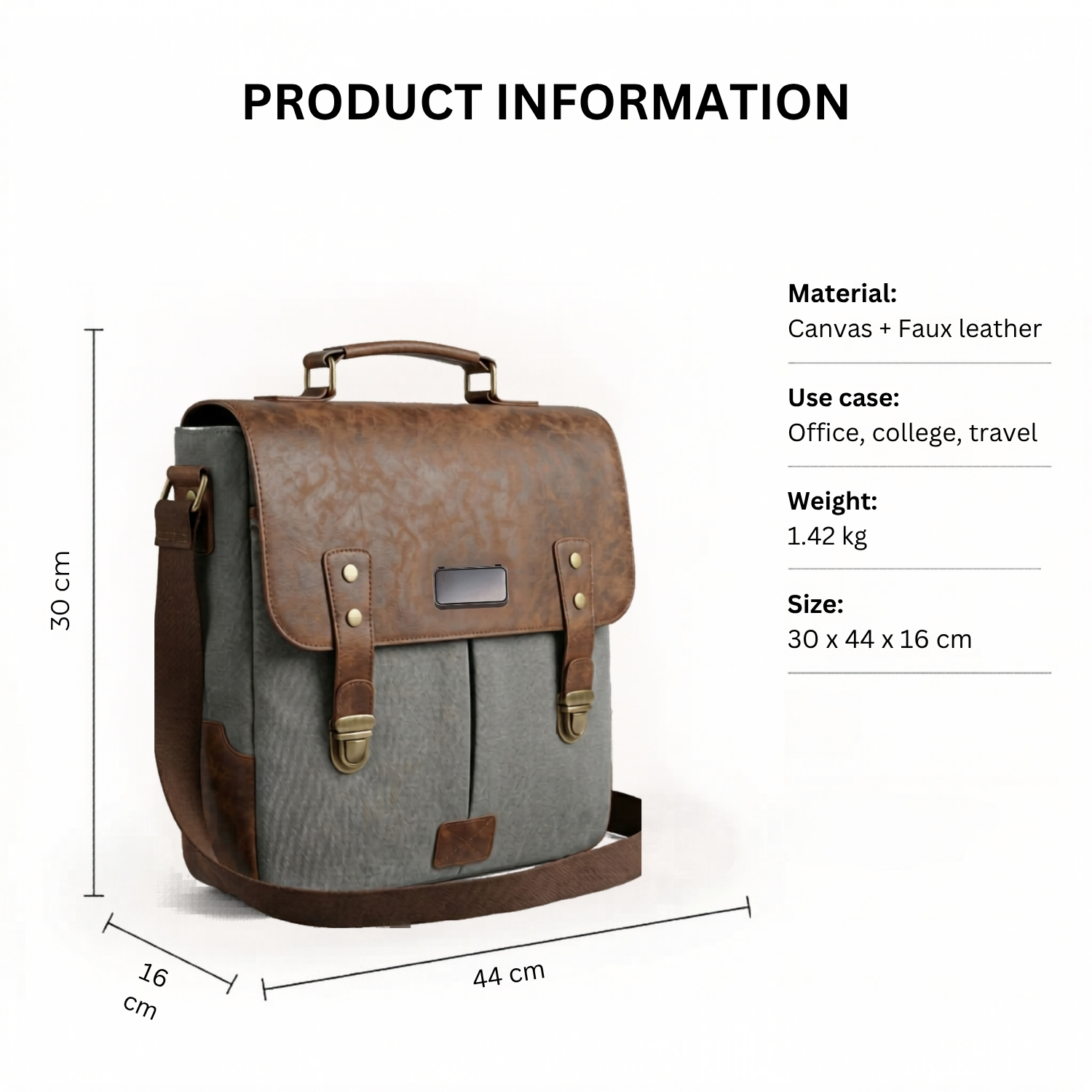 Canvas Leather Satchel Bag | Vintage Messenger Bag with Laptop Sleeve, Organizer Pockets, Dual Buckle Flap & Adjustable Strap | Office, College & Travel Carry Bag view 4