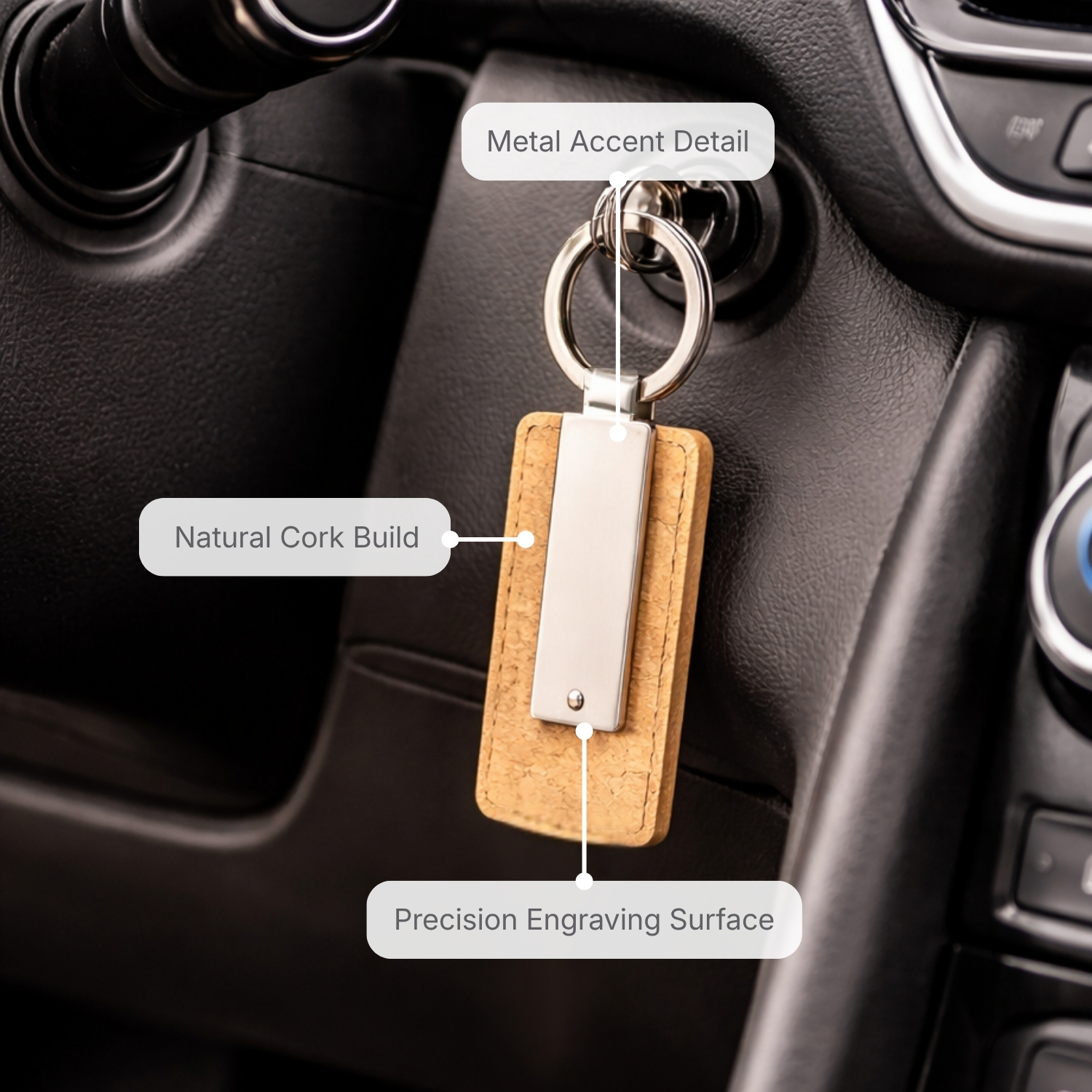 Cork Link Keychain | Natural Cork Keyring with Metal Accent & Laser Engraving Panel, Lightweight & Compact Design | Corporate Gifting Keychain view 3