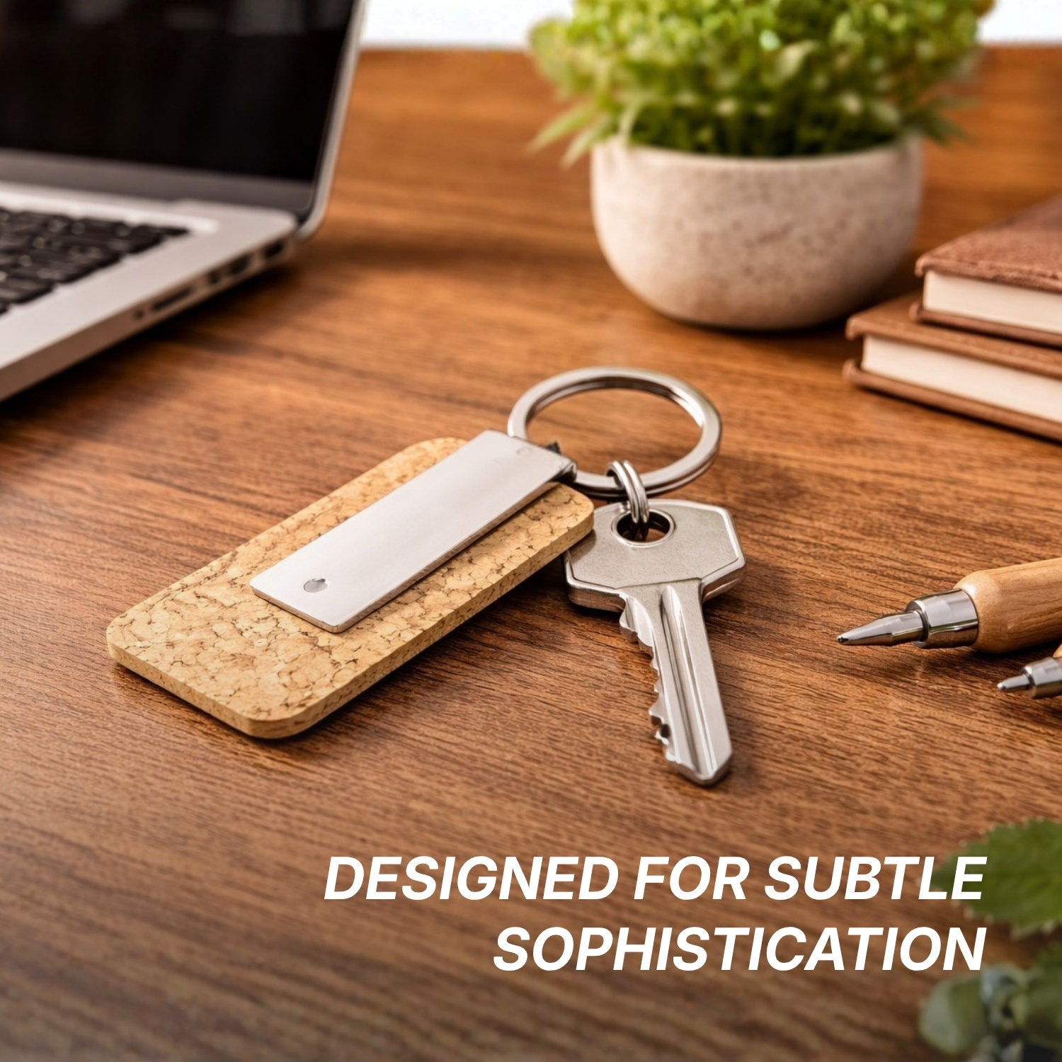 Cork Link Keychain | Natural Cork Keyring with Metal Accent & Laser Engraving Panel, Lightweight & Compact Design | Corporate Gifting Keychain view 4