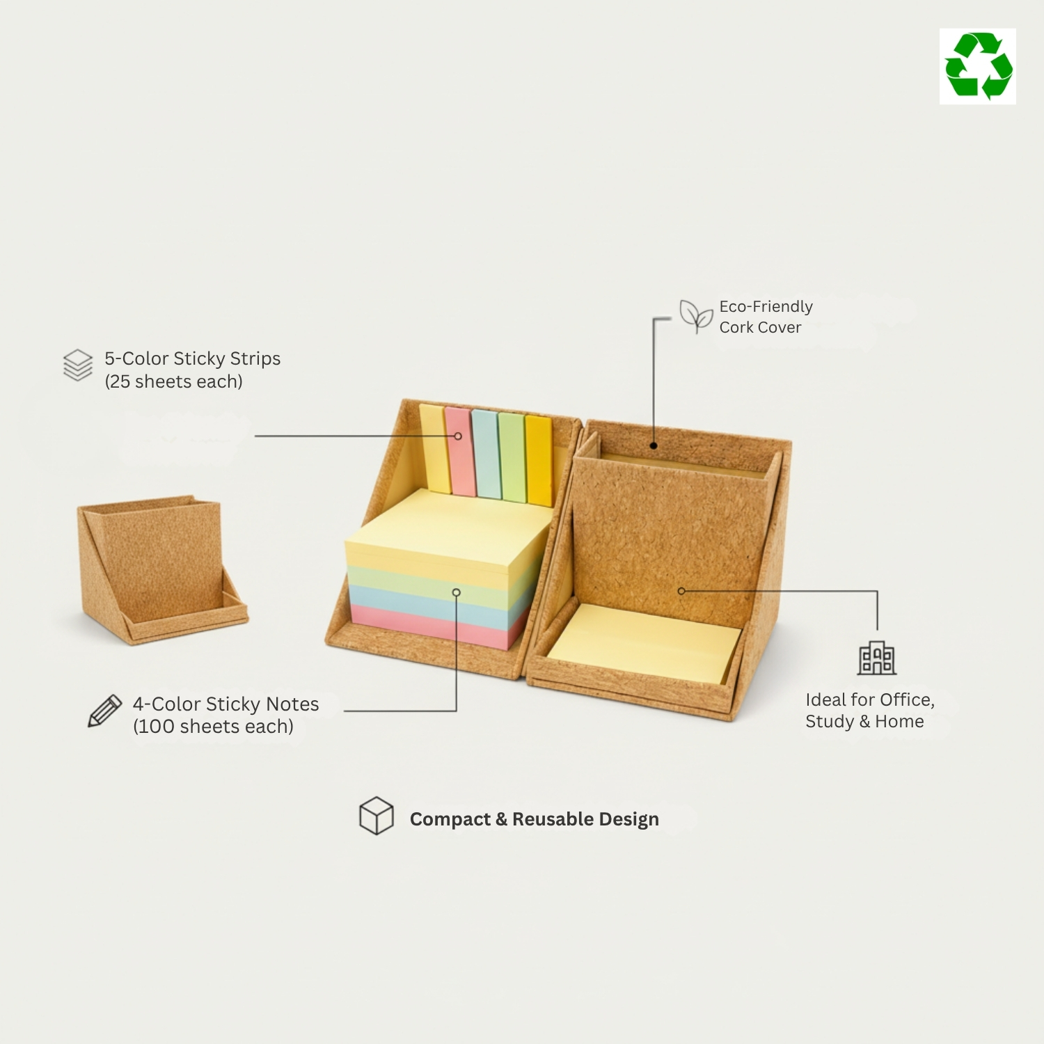 Cork Jot Mini | Eco-Friendly Memo Pad with 5-Color Sticky Strips & 4-Color Notes, Compact Desk Organizer | Sustainable Office Stationery view 4