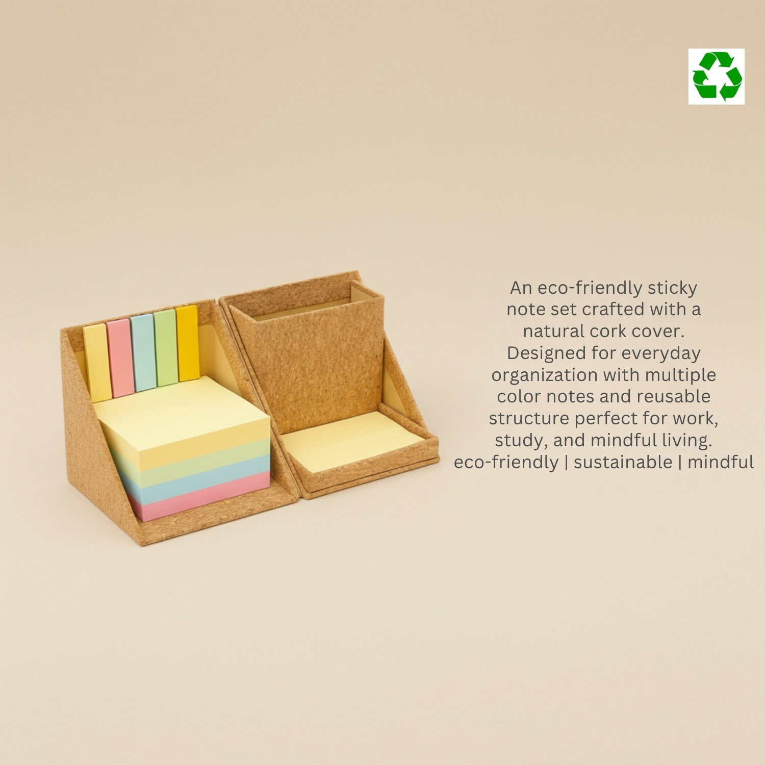 Cork Jot Mini | Eco-Friendly Memo Pad with 5-Color Sticky Strips & 4-Color Notes, Compact Desk Organizer | Sustainable Office Stationery view 3
