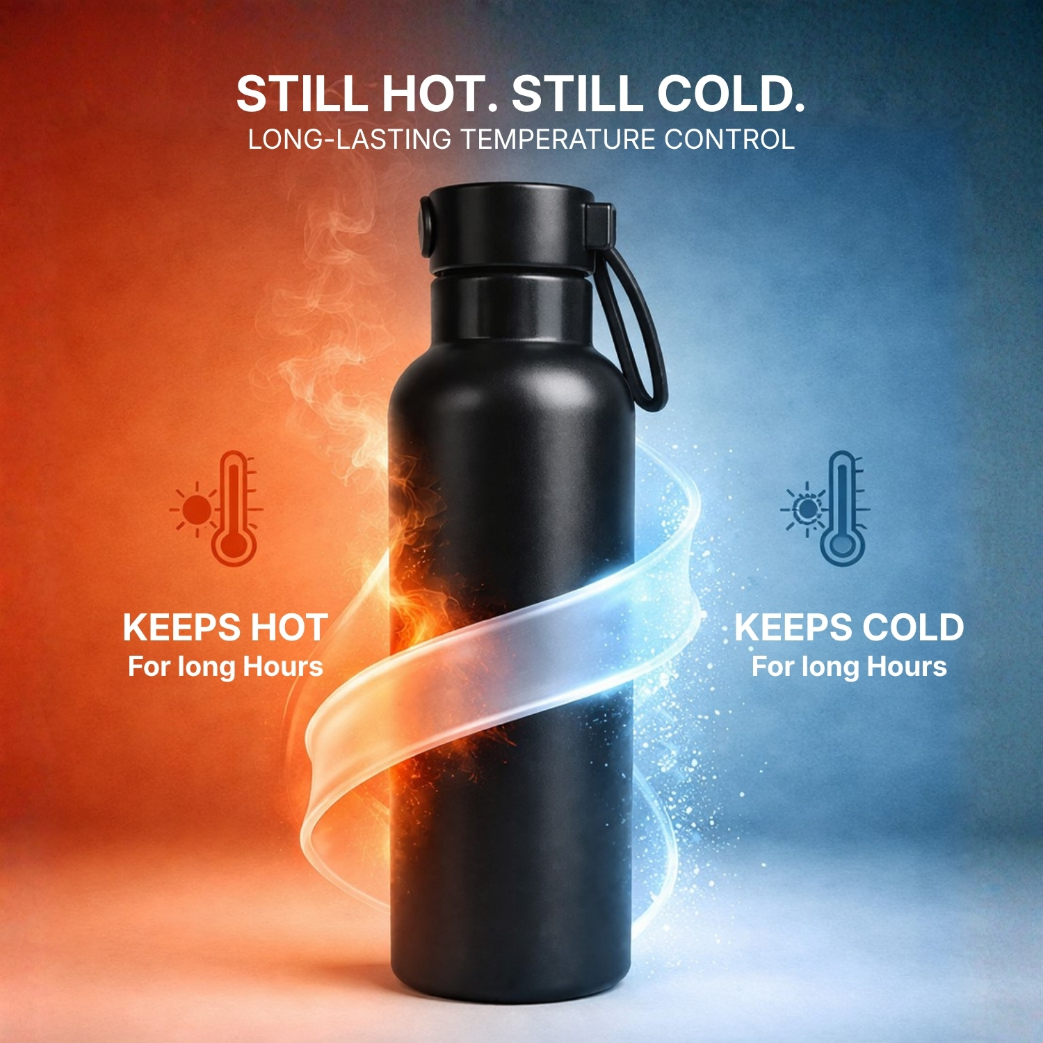 Orra Vacuum Flask | ISI Certified Stainless Steel Bottle, Double-Wall Insulated, Leak-Proof with Loop Handle Cap, Matte Black | Hot & Cold Water Bottle for Gym, Office & Travel view 3