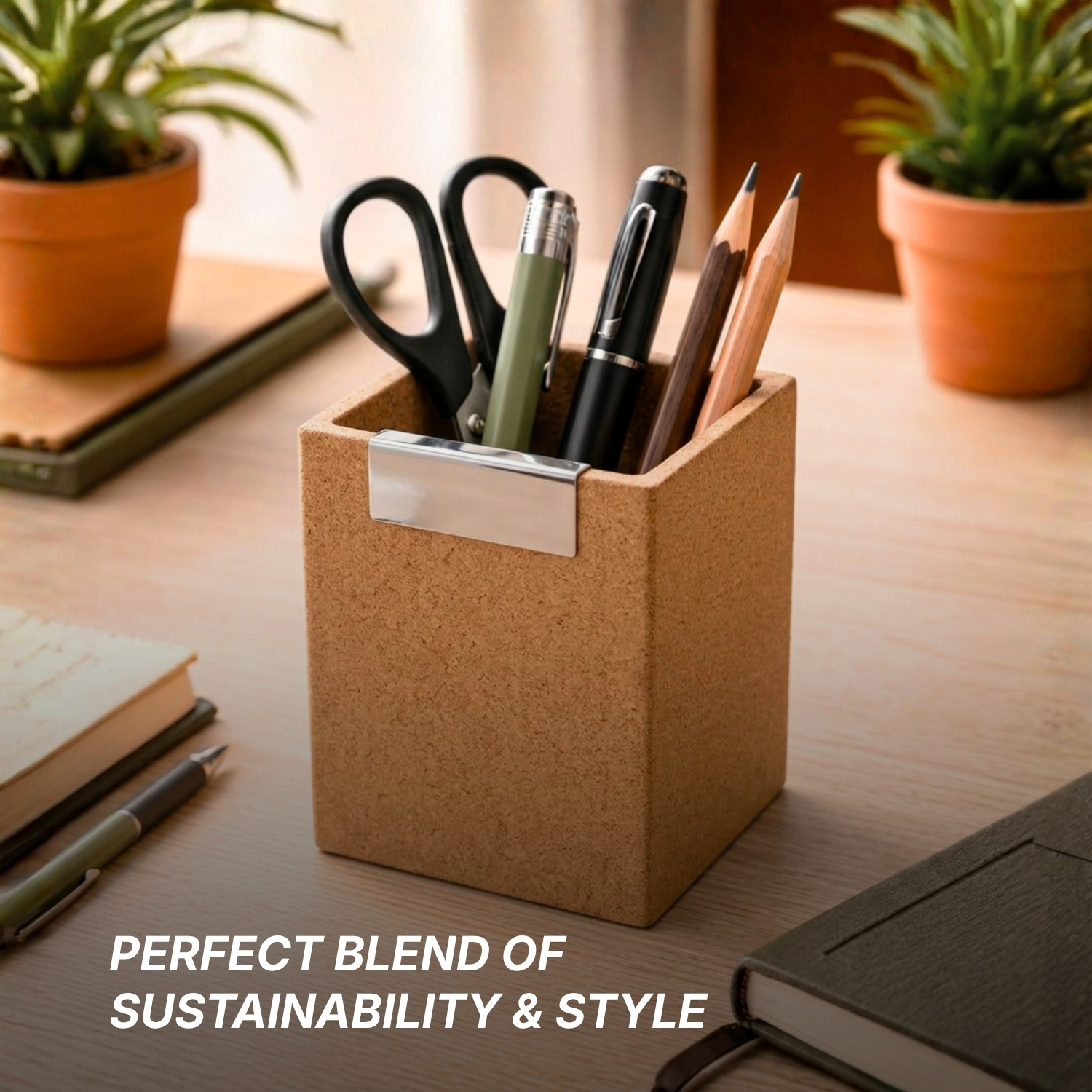 Cork Base Pen Holder | Eco-Friendly Cork Organizer with Metal Accent & Branding Panel, Lightweight & Durable | Sustainable Office Desk Accessory view 3