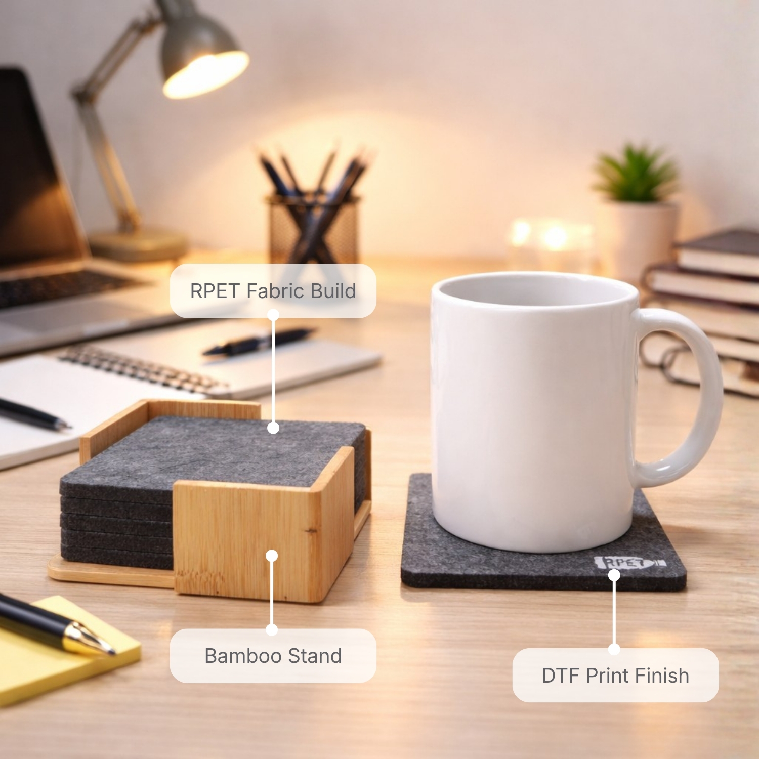 Flat line Coaster | RPET Felt Coasters with Bamboo Stand, DTF 2-Color Print | Eco-Friendly Table Coasters for Branding & Gifting view 3