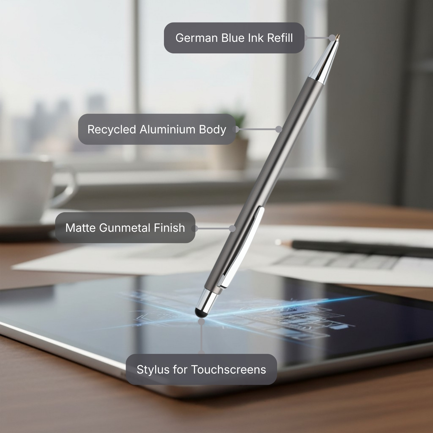 Alu Mark Slim pen | Premium Recycled Aluminum Pen with Stylus, Matte Gunmetal Finish, German Blue Ink Refill | Eco-Friendly Executive Pen for Office & Gifting, Grey view 2