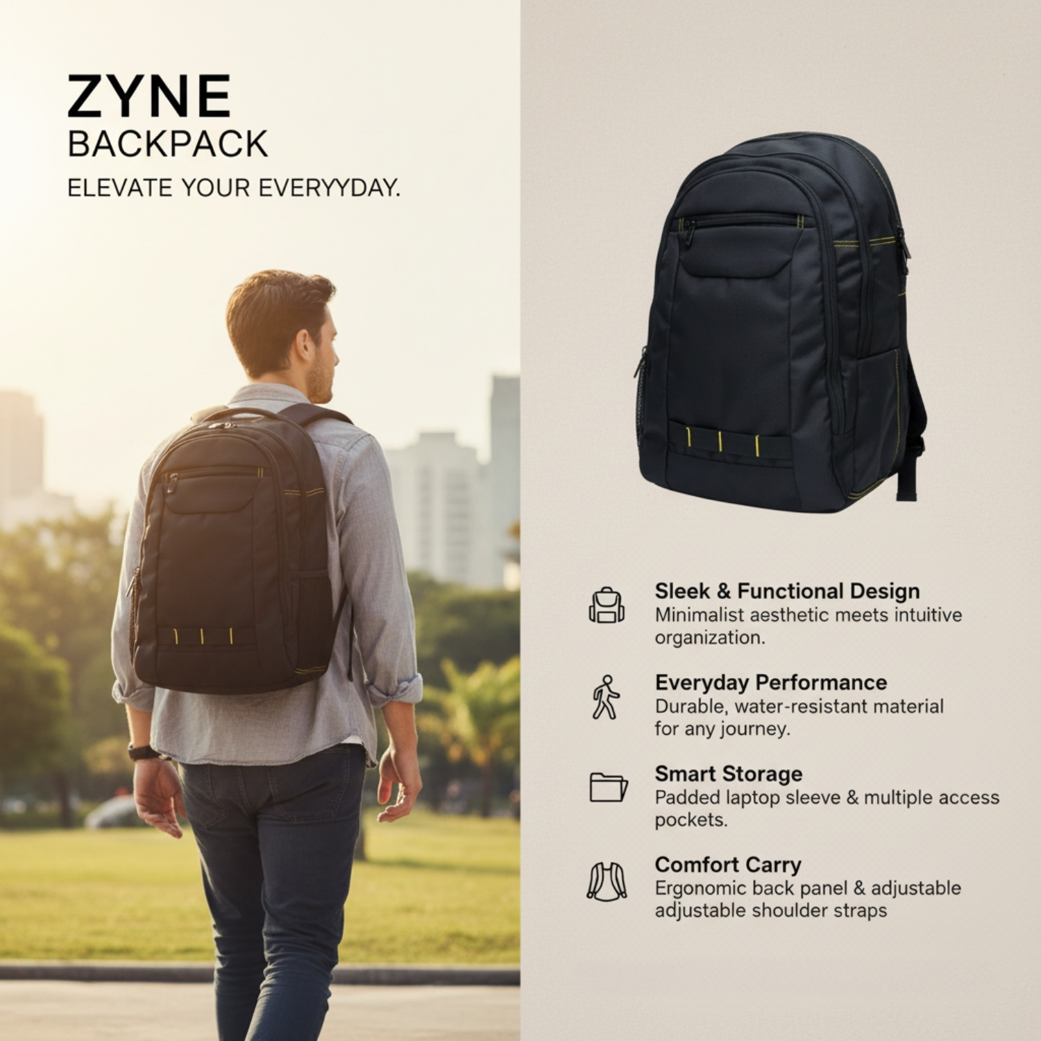 Zyne Backpack | Durable Polyester Laptop Backpack with Ergonomic Straps, Cushioned Back Panel & Front Zip Pocket | Everyday, Office & Travel Bag view 4