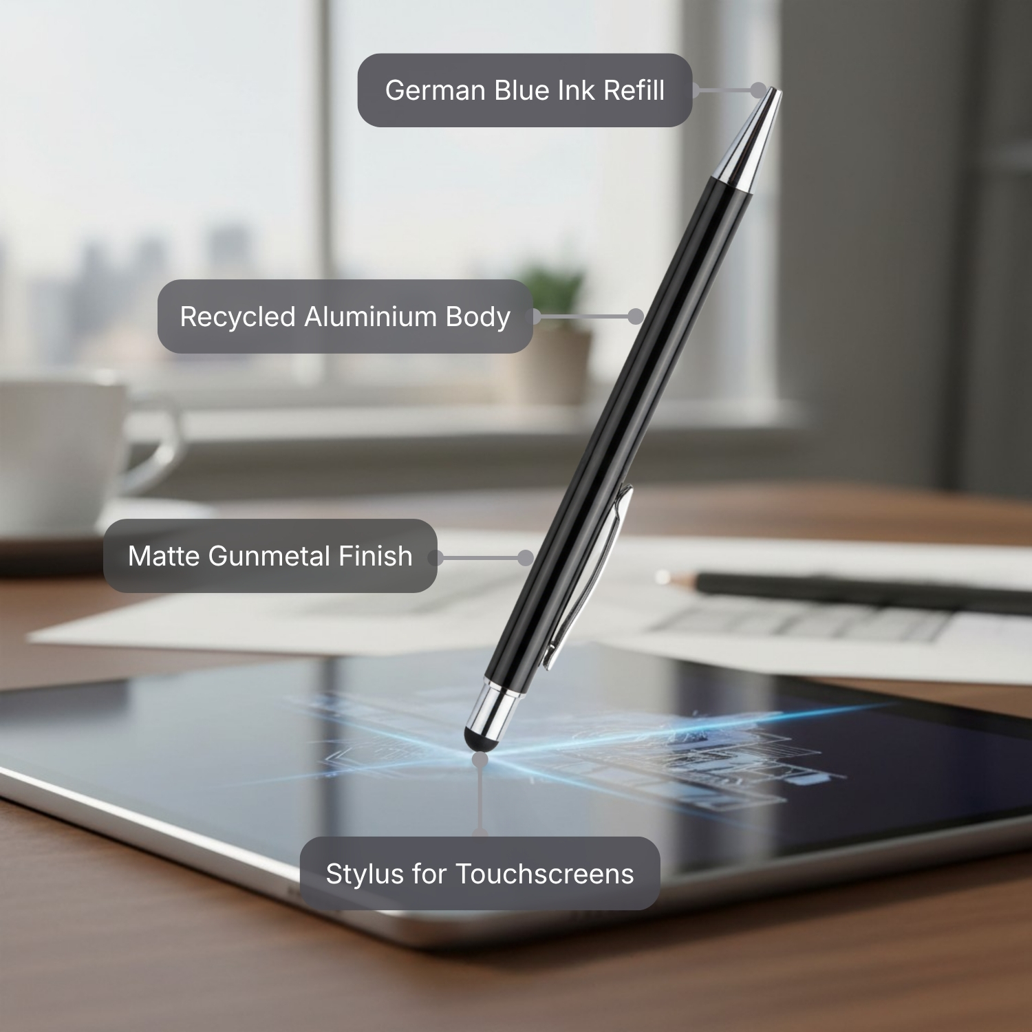 The Alu Mark Slim Pen | Premium Recycled Aluminum Pen with Stylus, Matte Gunmetal Finish, German Blue Ink Refill | Eco-Friendly Executive Pen for Office & Gifting, Grey view 2