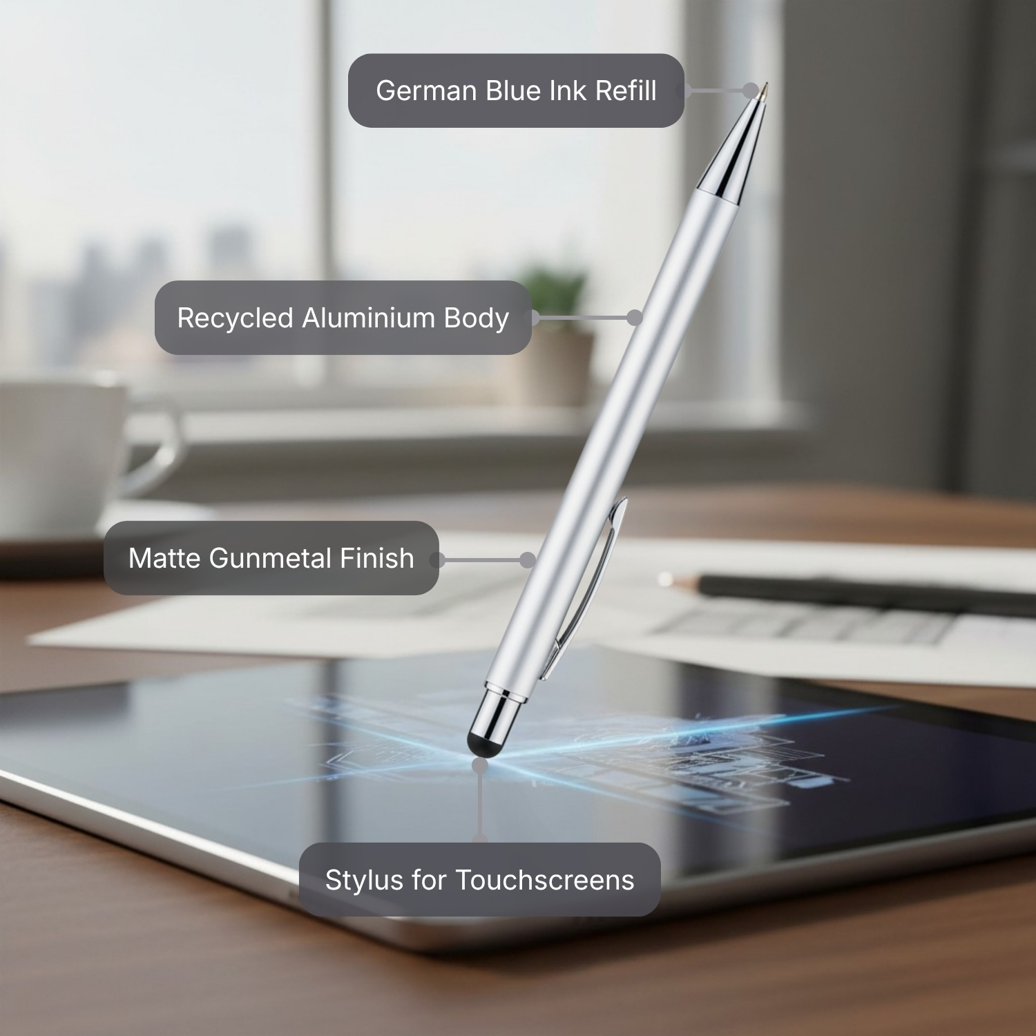 The Alu Mark Slim Pen | Premium Recycled Aluminum Pen with Stylus, Matte Gunmetal Finish, German Blue Ink Refill | Eco-Friendly Executive Pen for Office & Gifting, Grey view 2