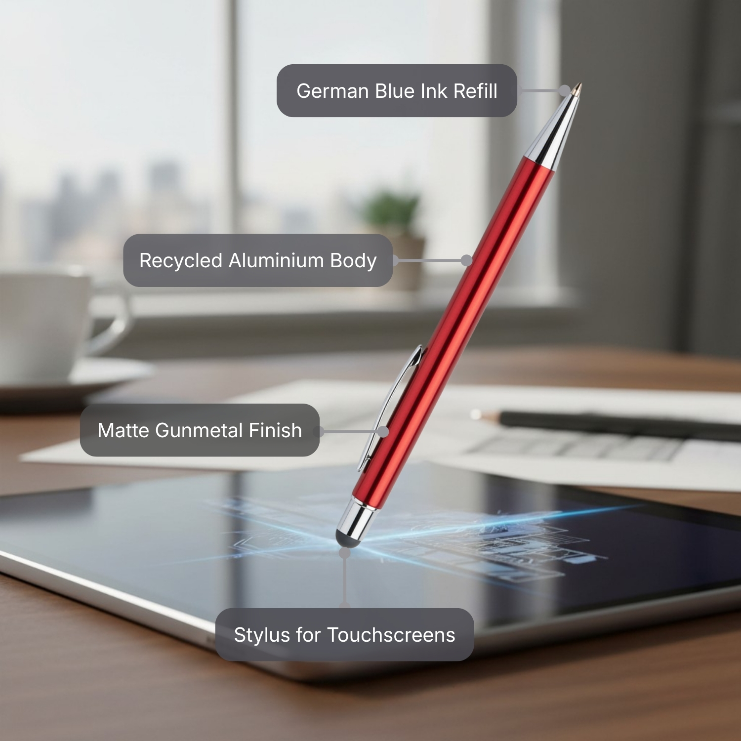 The Alu Mark Slim Pen | Premium Recycled Aluminum Pen with Stylus, Matte Gunmetal Finish, German Blue Ink Refill | Eco-Friendly Executive Pen for Office & Gifting, Grey view 2