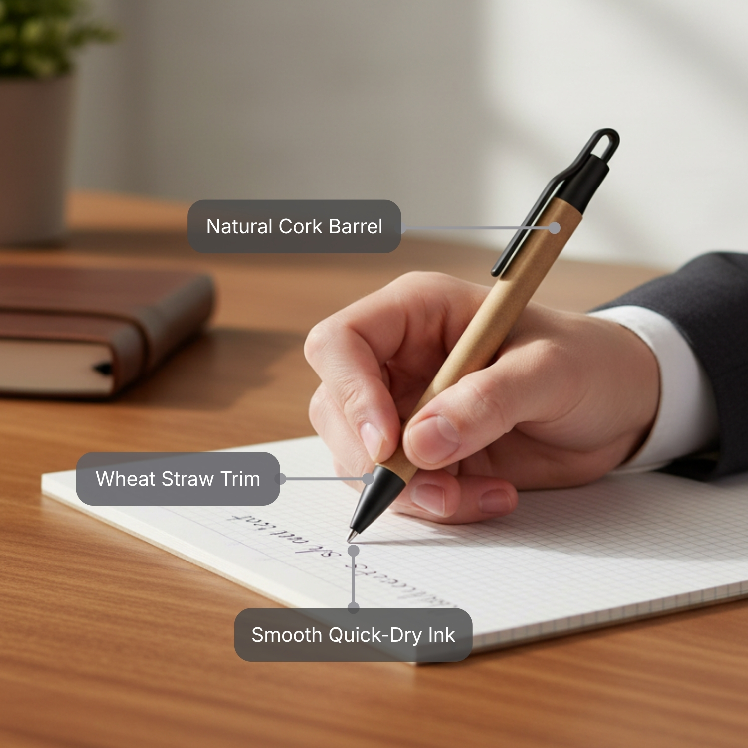 Cork Leaf Eco Pen | Eco-Friendly Ball Pen with Cork Barrel, Wheat Straw Components & Quick-Dry Ink | Sustainable Writing Pen for Corporate & Everyday Use view 2