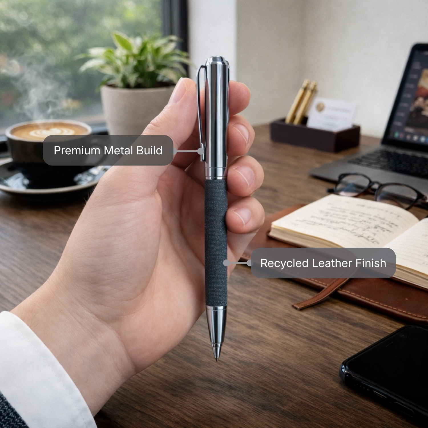 Re Leather Pen Set | Premium Metal Ballpen & Roller Pen with Recycled Leather Finish, Luxury Gift Box | Eco-Friendly Corporate Gifting Set view 4