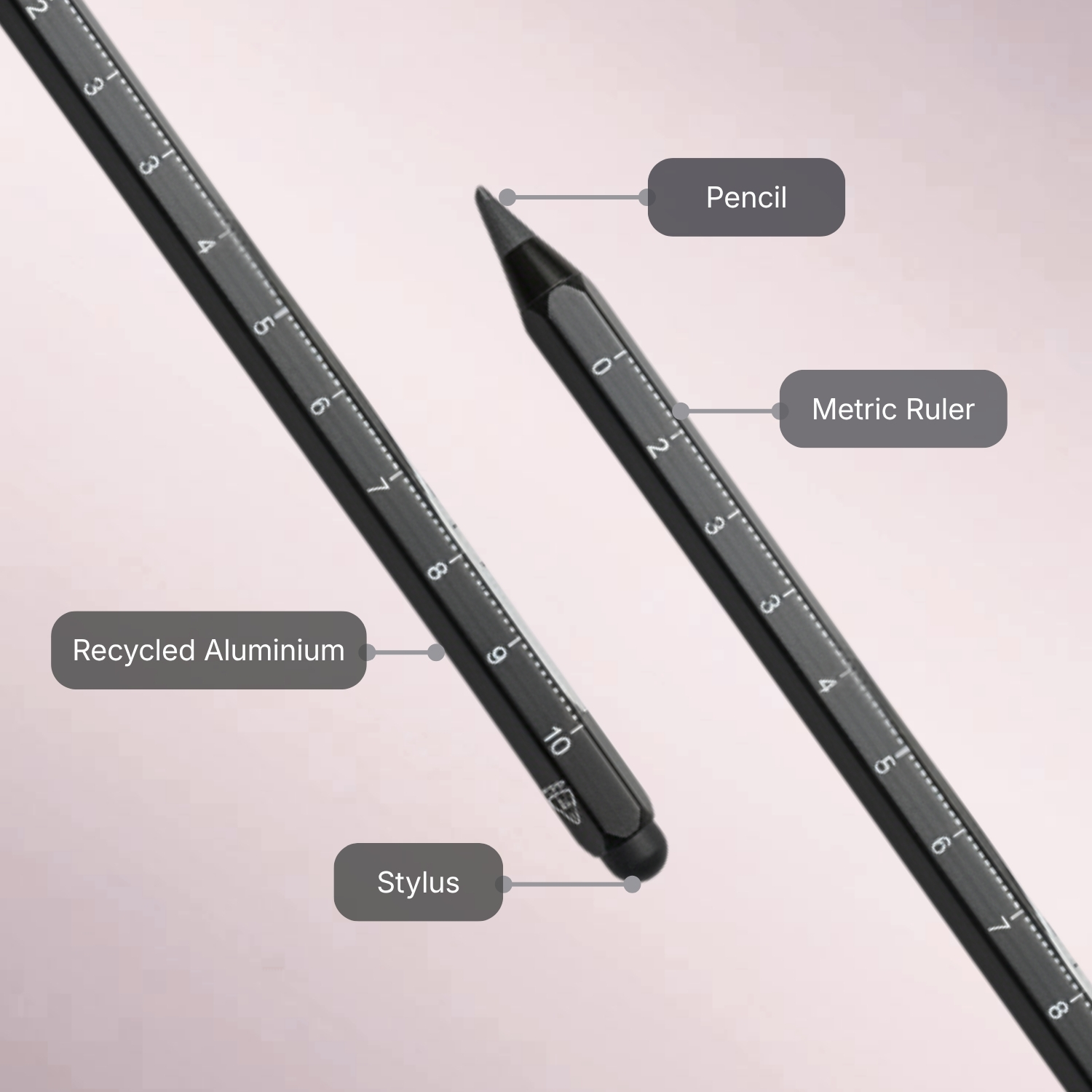 Metric Ruler Pen | Recycled Aluminum Dual Function Pen with Laser-Etched Metric Scale, Matte Finish, Lightweight Design | Eco-Friendly Tool for Students, Architects & Engineers, Black view 4