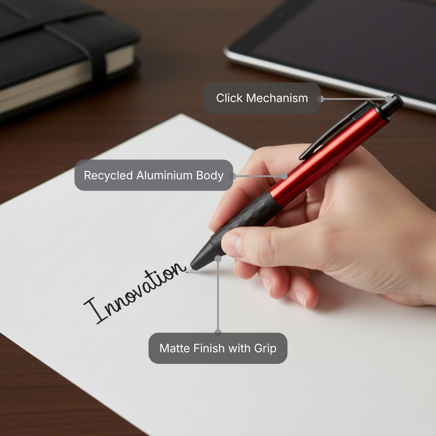 The Alu Mark Slim Pen | Premium Recycled Aluminum Pen with Stylus, Matte Gunmetal Finish, German Blue Ink Refill | Eco-Friendly Executive Pen for Office & Gifting, Grey view 2