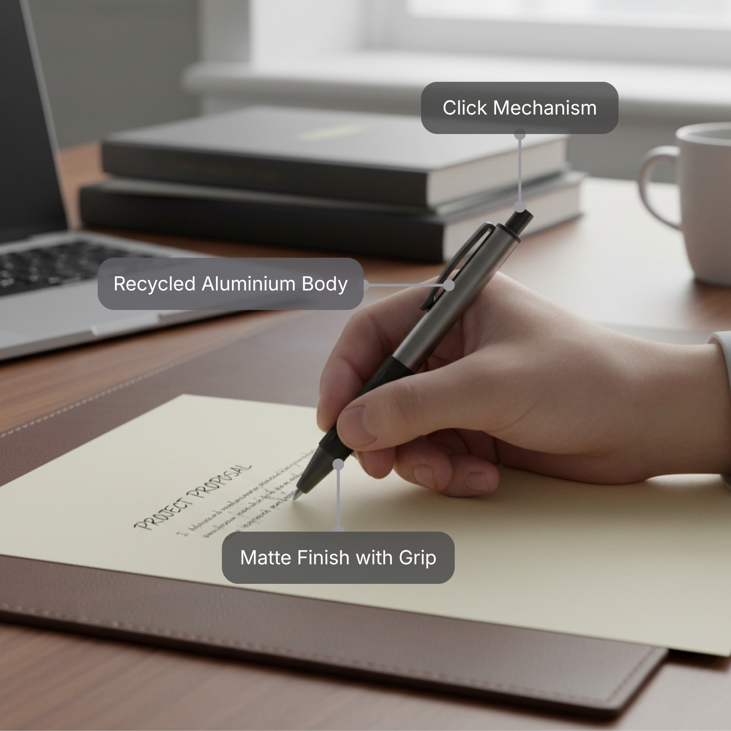The Alu Mark Slim Pen | Premium Recycled Aluminum Pen with Stylus, Matte Gunmetal Finish, German Blue Ink Refill | Eco-Friendly Executive Pen for Office & Gifting, Grey view 2