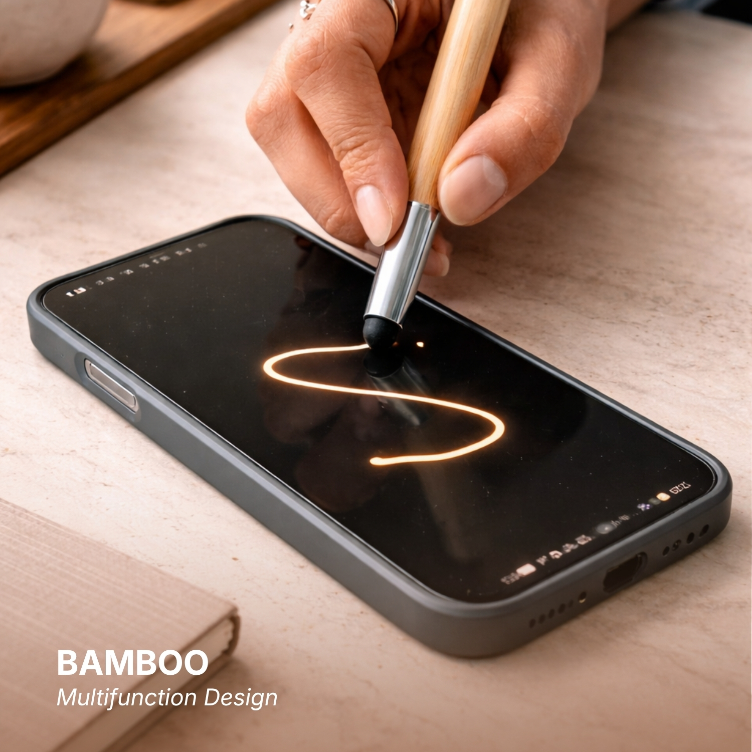 Inkless Glide | Ball Pen, Stylus, Screen Cleaner & Mobile Stand with Metal Accents, Eco Pouch Included | Sustainable Corporate Gifting Pen view 4