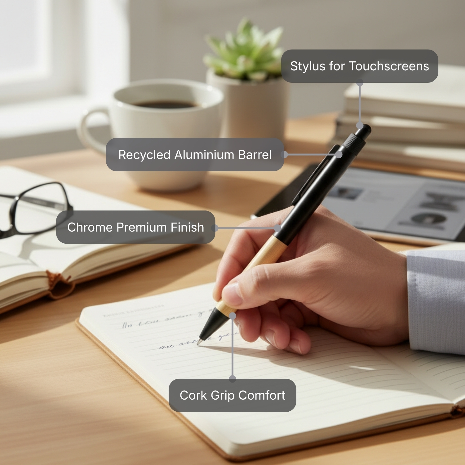 Eco Bam Pen | Recycled Aluminium Ball Pen with Matte Silver Finish, Cork Grip & Touchscreen Stylus Tip | Premium Corporate Gifting Pen view 2