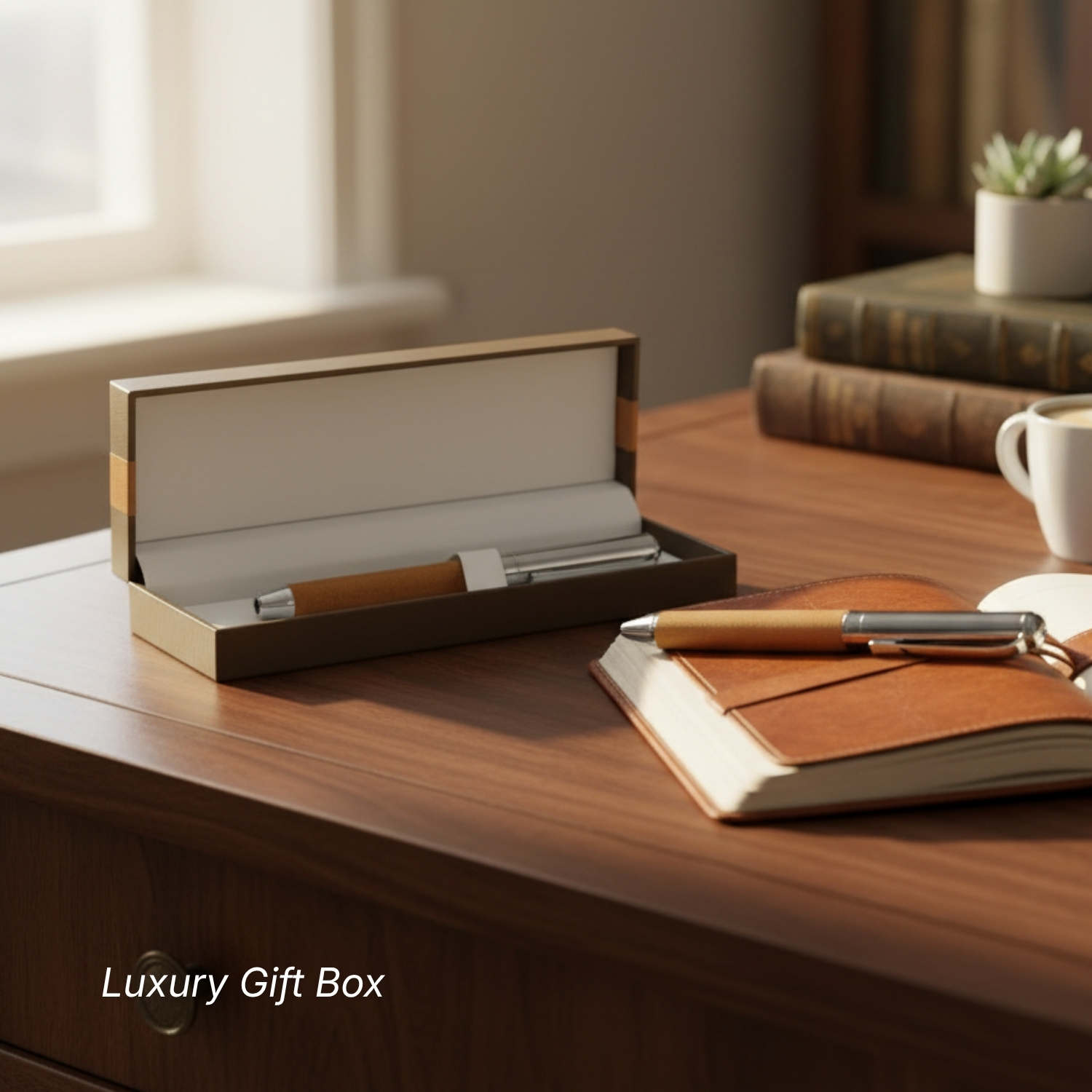 Re Leather Pen Set | Metal Ball Pen & Roller Pen with Recycled Leather Finish, Premium Gift Box Packaging | Corporate Gifting & Executive Writing Set view 3