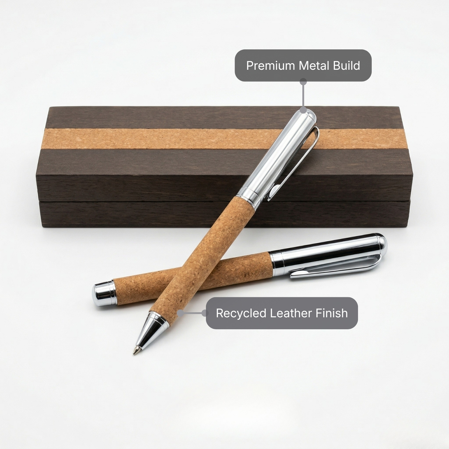 Re Leather Pen Set | Metal Ball Pen & Roller Pen with Recycled Leather Finish, Premium Gift Box Packaging | Corporate Gifting & Executive Writing Set view 2