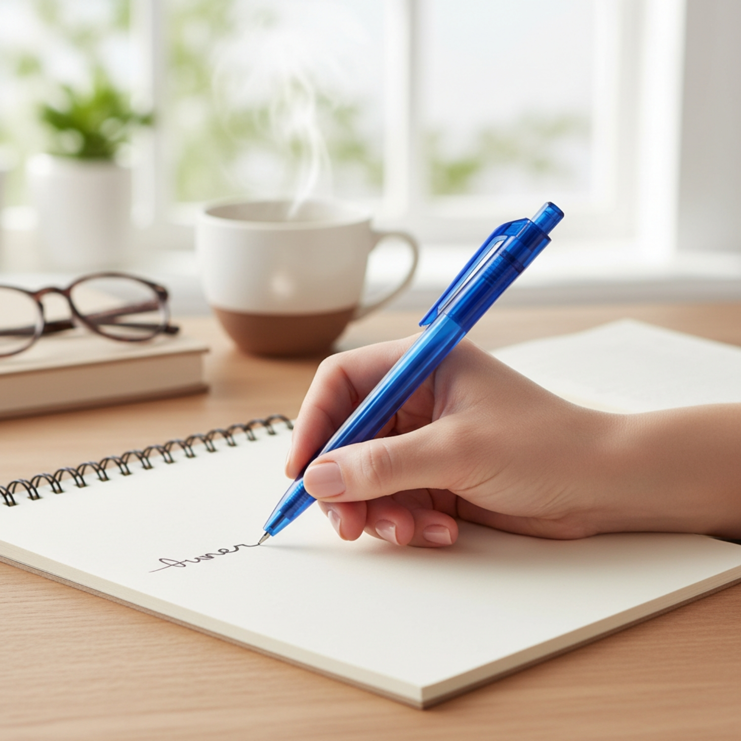 Re Scribe RPET Slim Pen | Lightweight RPET Plastic Ball Pen, Smooth Writing, Glossy Finish, Comfortable Grip | Promotional Pen for Office, Schools & Corporate Branding, Blue view 2