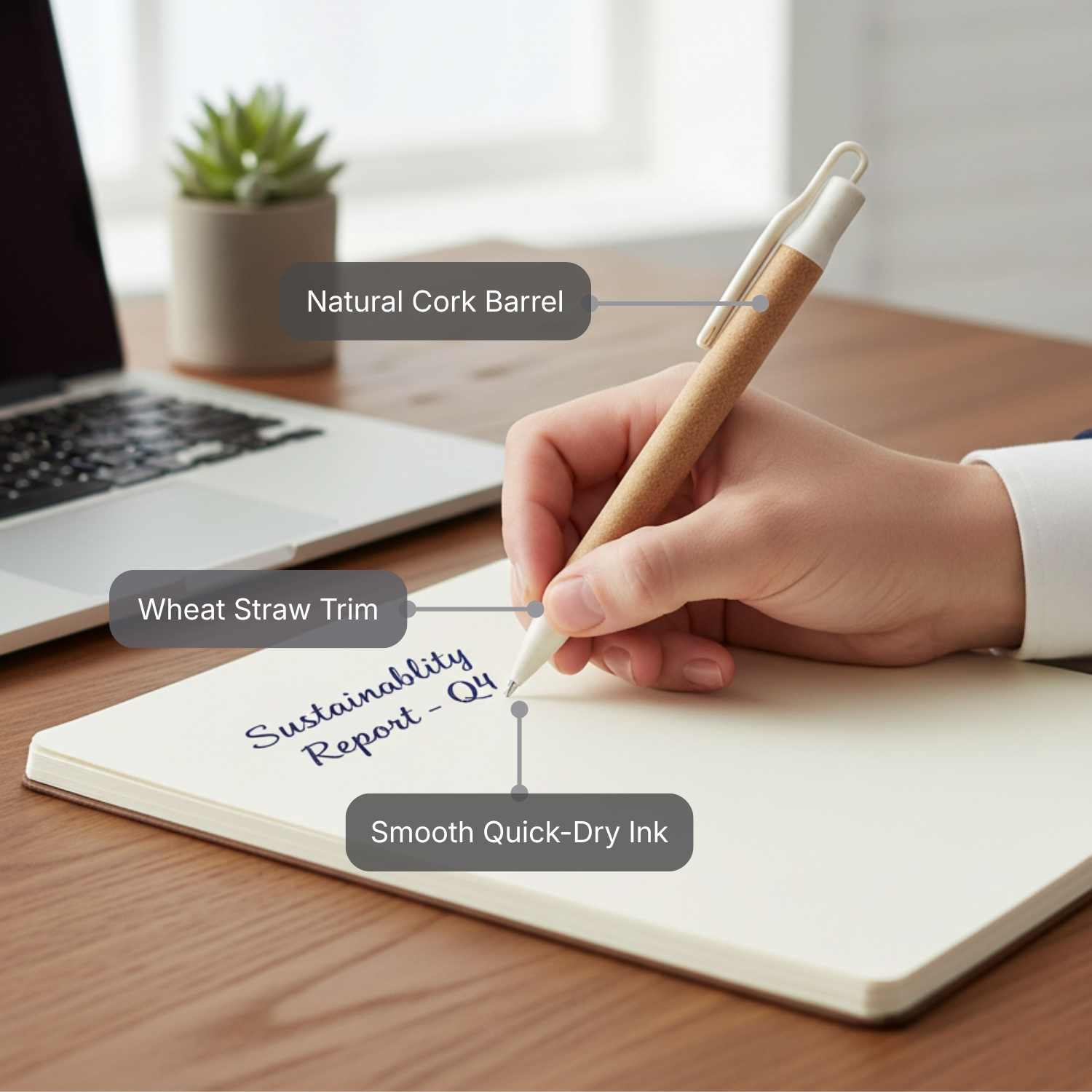 Cork Leaf Eco Pen | Wheat Straw & Cork Eco-Friendly Pen, Smooth Quick-Dry Ink, Lightweight Sustainable Writing Pen | Corporate Gifting & Promotional Branding Pen view 2