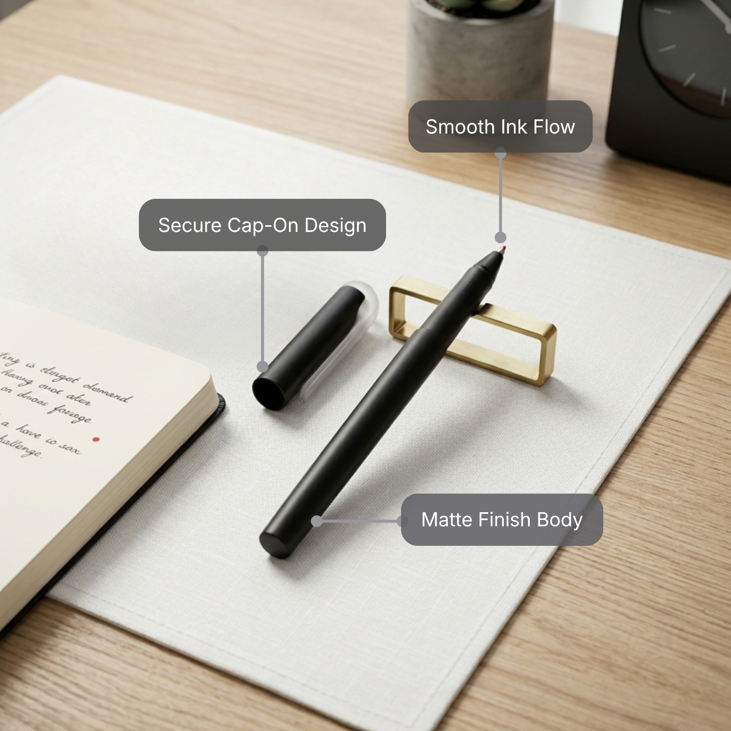 Re Scribe RPET Lite Pen| Matte Finish RPET Plastic Pen with Cap, Smooth Writing, Lightweight Design | Promotional Pen for Office, Schools & Corporate Branding, Black view 3