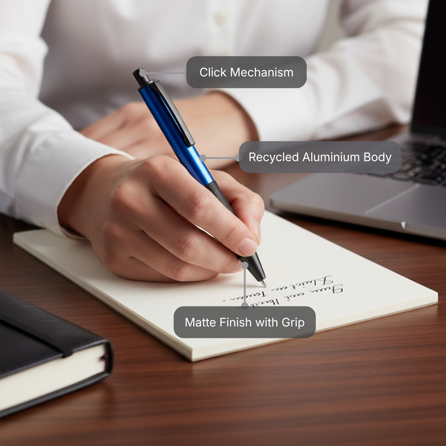 Alu Mark Lite pen| Premium Recycled Aluminum Pen with Rubber Grip, Matte Finish, Lightweight Design | Eco-Friendly Ball Pen for Office, Daily Use & Corporate Gifting, Blue view 2
