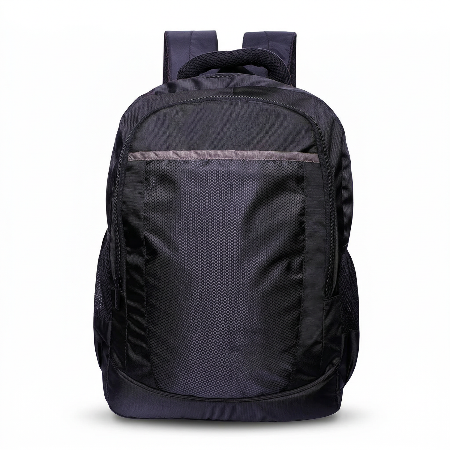 Black Polyester Backpack | Durable Textured Backpack with Spacious Compartment, Front Zipper Pocket & Side Mesh Pockets | Everyday, School & Travel Bag
