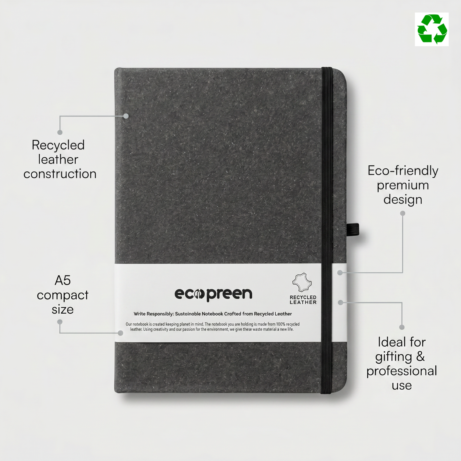 Recycled Leather Notebook | Two-Tone PU Hard Cover Notebook, Eco-Friendly, Durable & Premium Finish | Corporate Gifting & Professional Journal view 4
