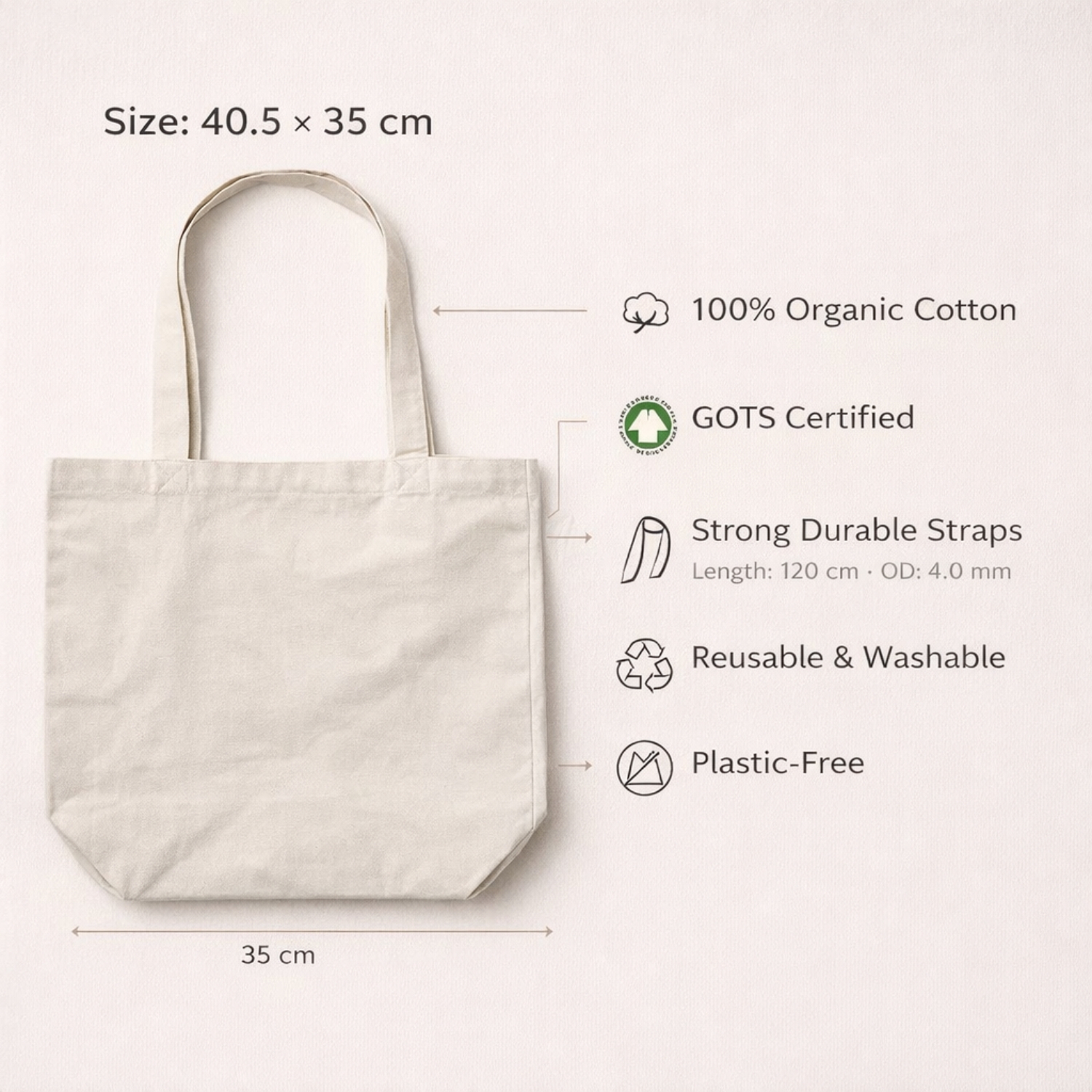 Organic Cotton Eco Tote Bag | GOTS Certified Eco-Friendly Tote, Spacious & Durable, Reusable Shopping & Daily Carry Bag | Sustainable Corporate Gifting view 4