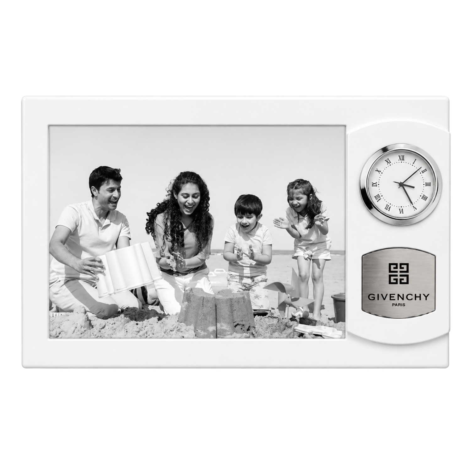Large premium frame with integrated clock and metal branding plate.