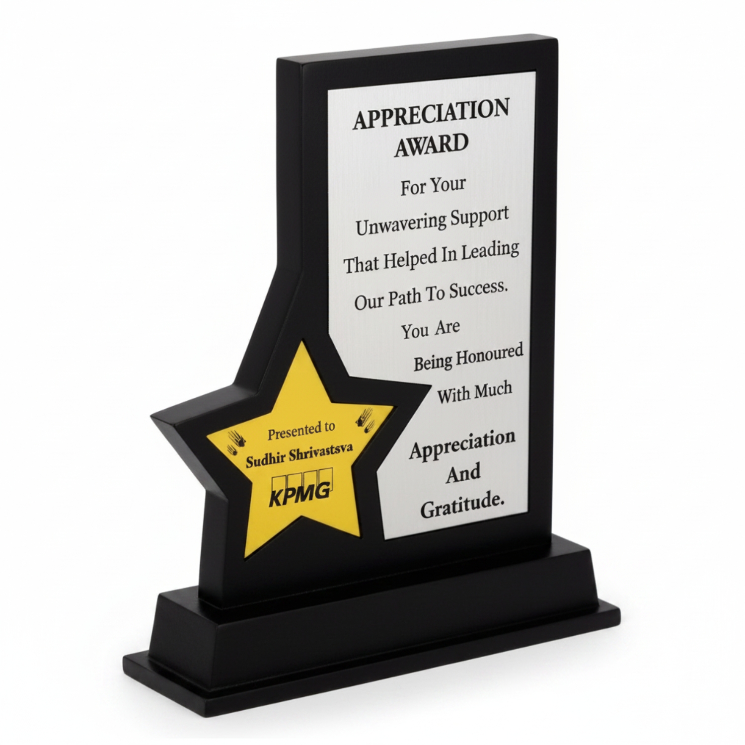 Star Appreciation Trophy – Recognition Award with Engraved Panel & Gold Star | Employee Appreciation & Corporate Awards