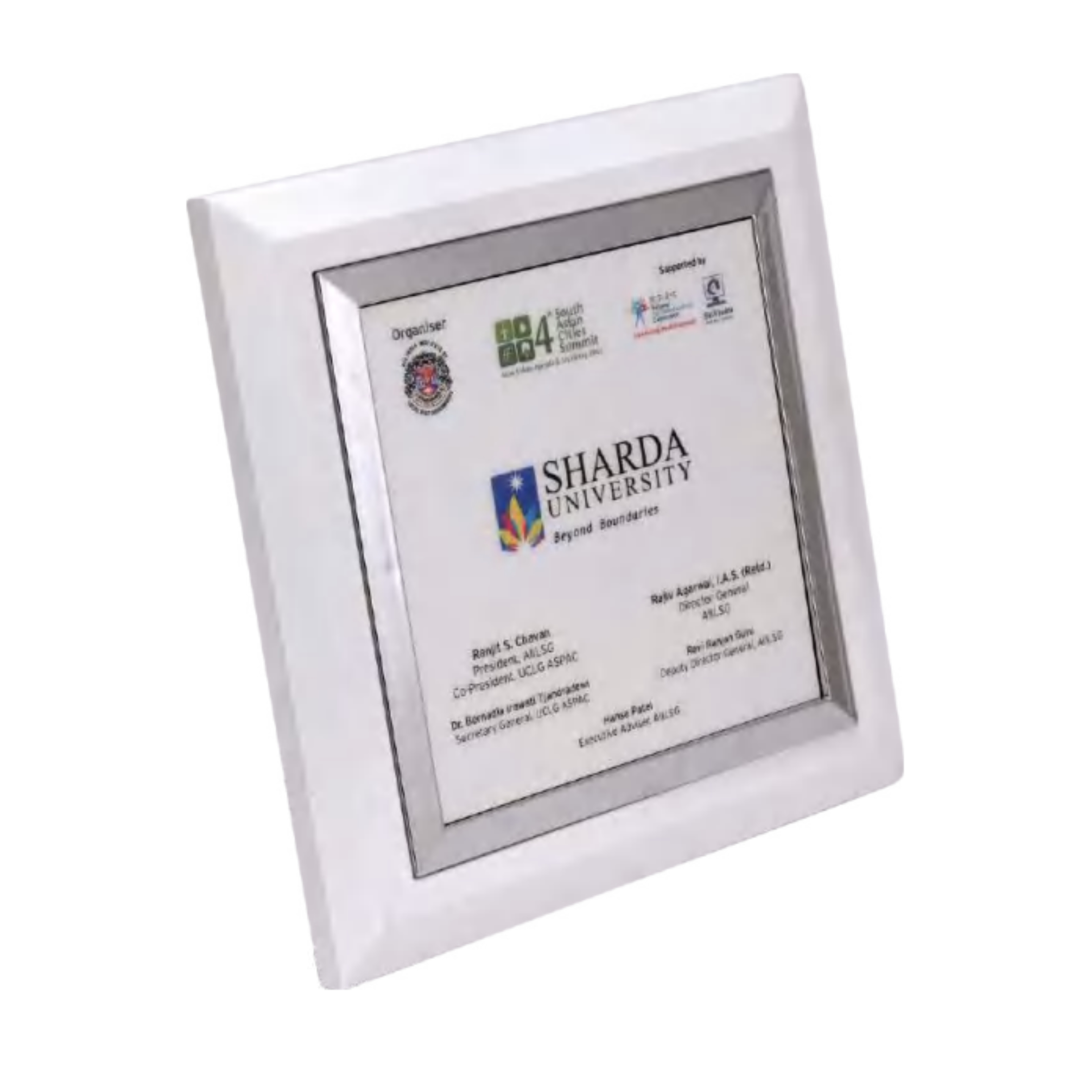 Modern White Frame Award Plaque – Wooden Recognition Trophy with Metal Border & Digital Print | Corporate & Academic Awards