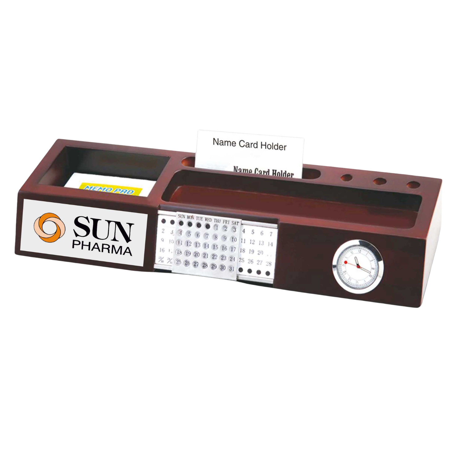Wooden Desk Organizer With Perpetual Calendar, Clock, Visiting Card Holder & Pen Stand BTC - 472