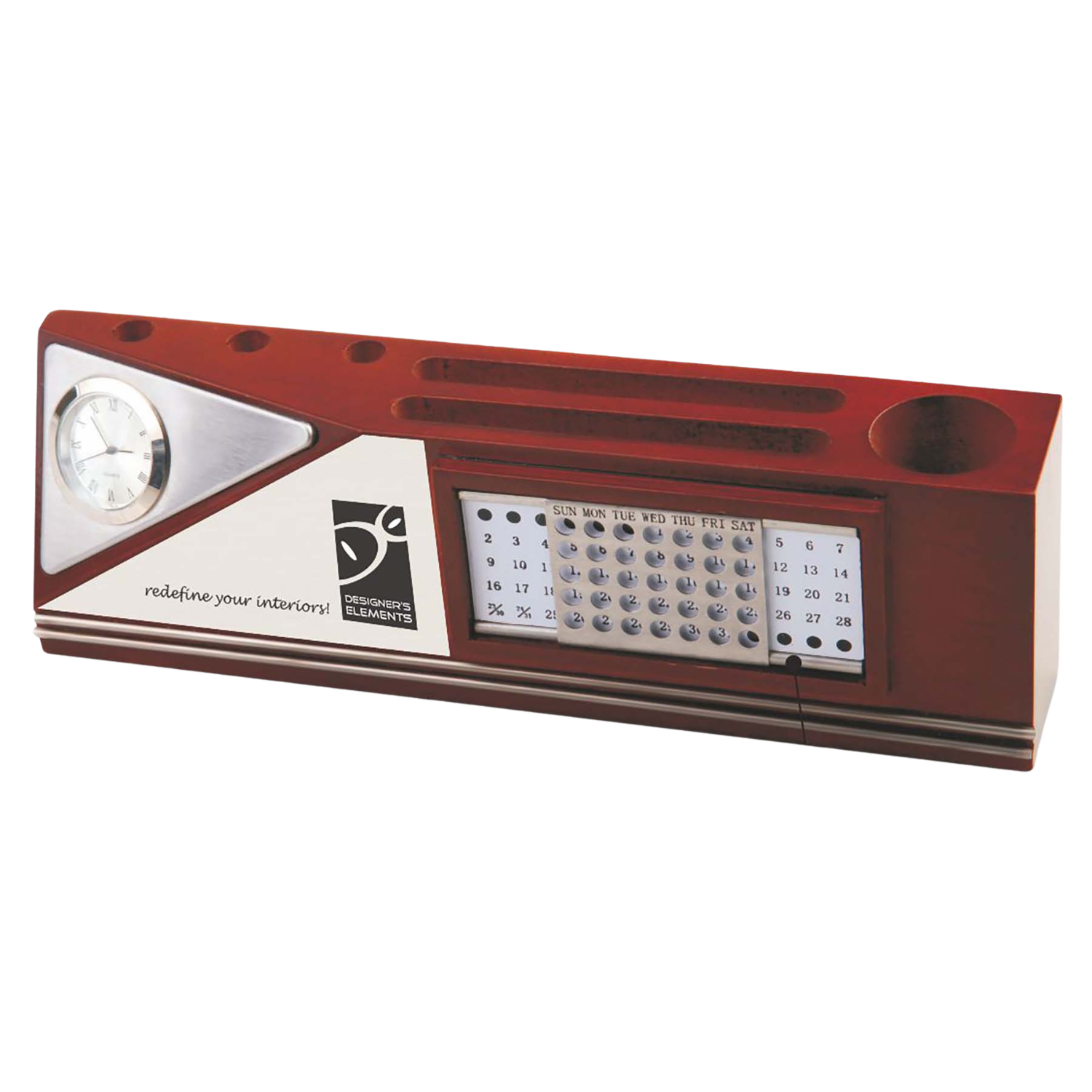 Wooden Desk Organizer With Perpetual Calendar, Clock, Visiting Card Holder, Memo Pad & Pen Stand BTC - 473