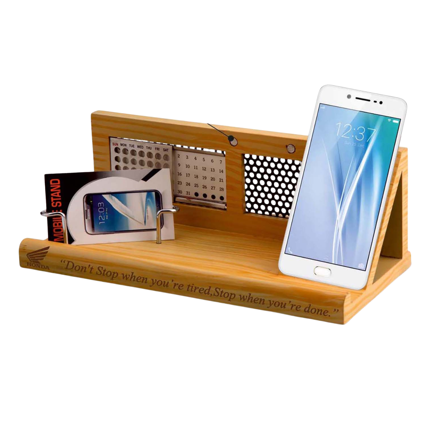 Wooden Desk Organizer With Perpetual Calendar, Mobile Stand, Visiting Card Holder & Magnetic Key Holder BTC - 4165