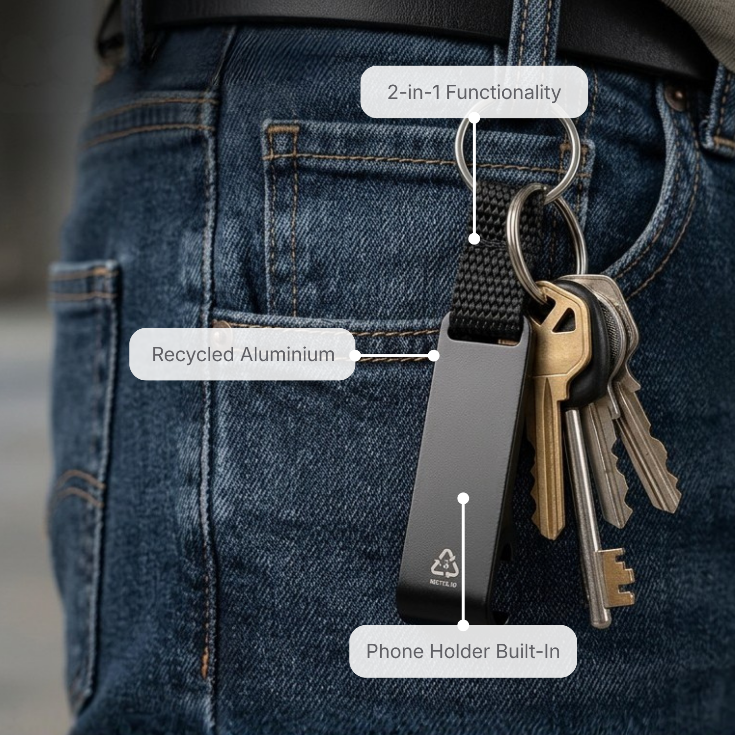 Eco Aluminium Phone Holder Keychain | Recycled Aluminium Keychain with Built-in Mobile Stand, Compact Multi-Functional Design | Sustainable Corporate Gifting Keychain view 3