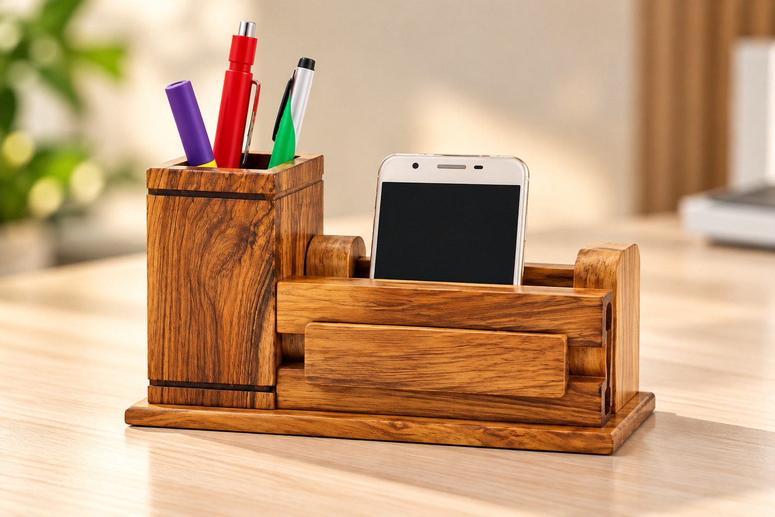  Wooden Desk Organizer with Phone Stand