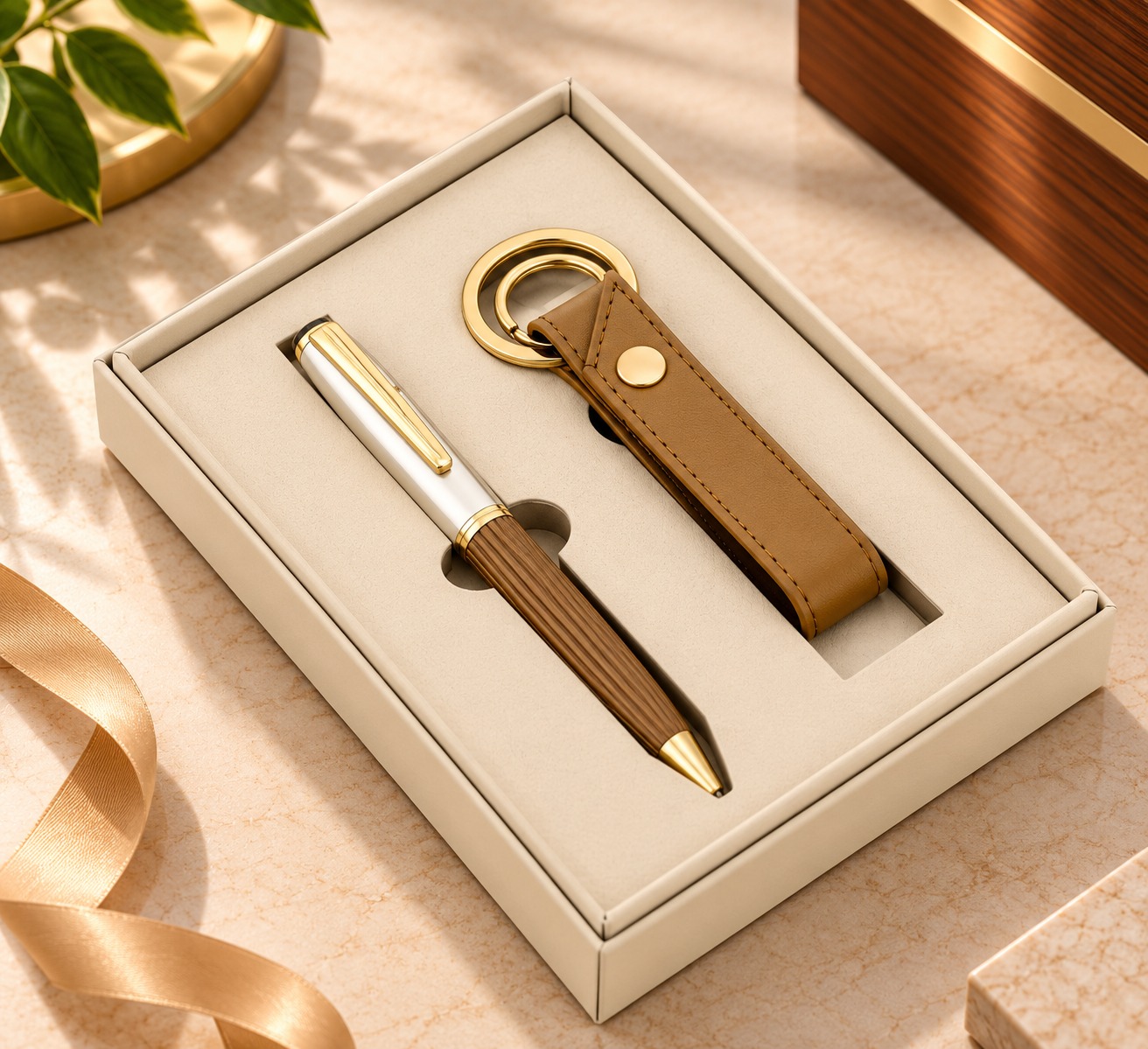 Pen & Leather Keychain Gift Set