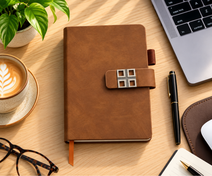 GE-784 Tan notebook with geometric square metal lock