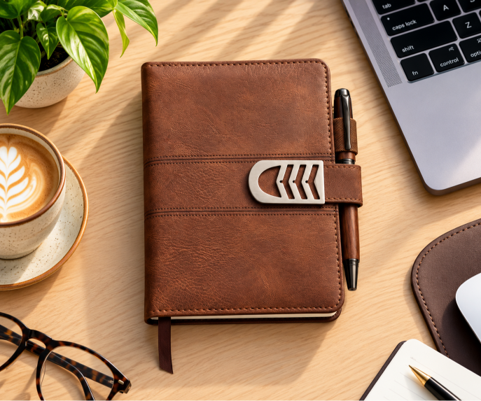 GE-785  Brown notebook with silver directional clasp
