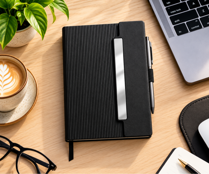 GE-790  Black ribbed notebook with wide metallic vertical accent